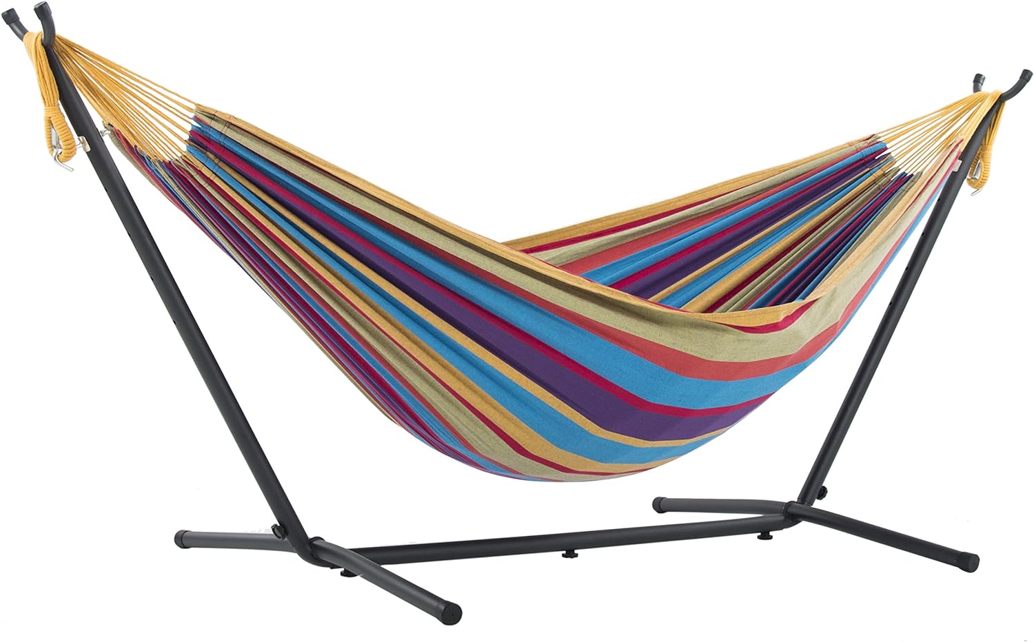 Vivere Double Cotton Hammock with Space Saving Steel Stand, Tropical (450 lb Capacity - Premium Carry Bag Included)