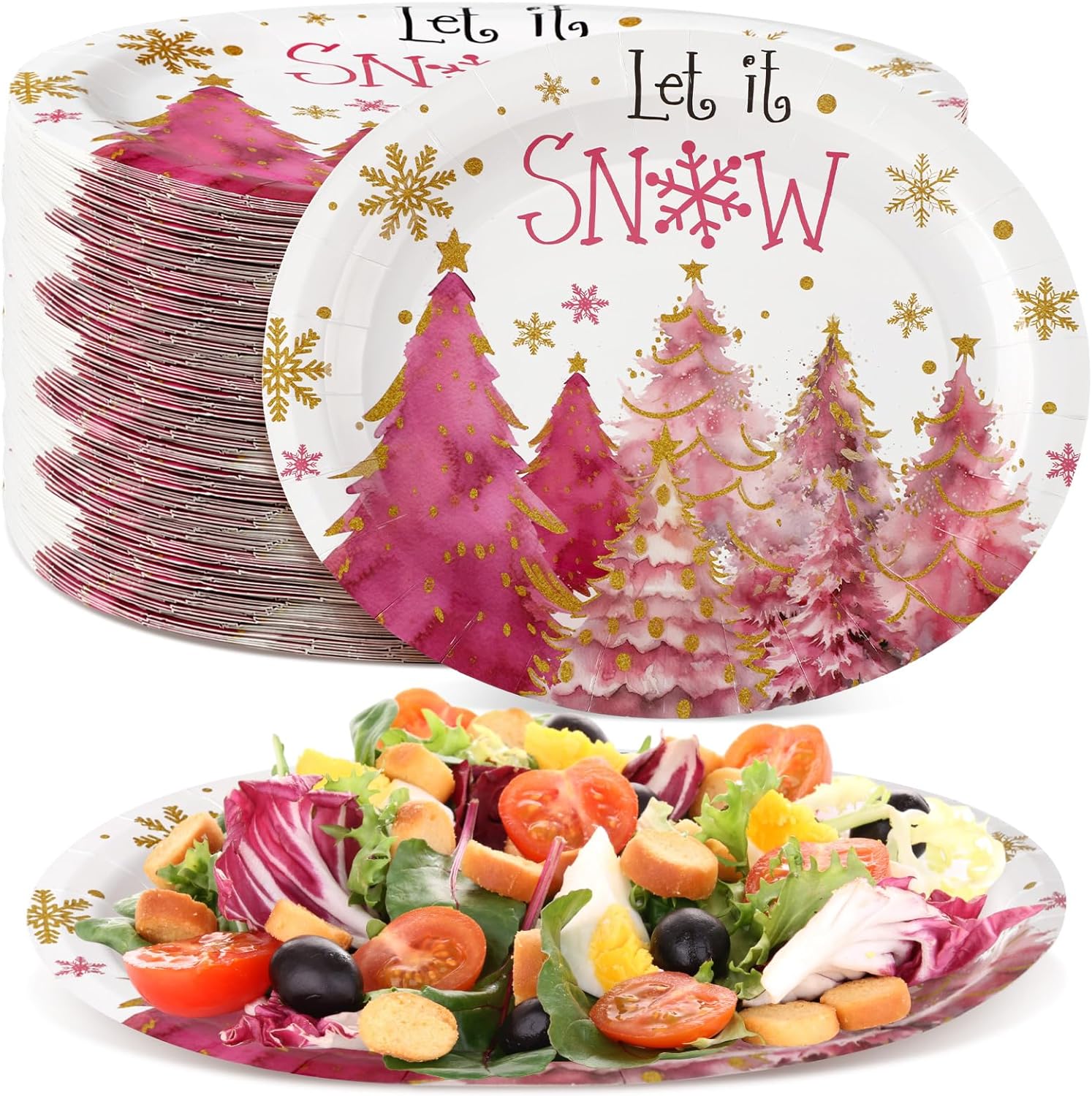 Umigy 100 Pcs Pink Christmas Tree Oval Paper Plates 10 x 12 Large Disposable Paper Plates Let It Snow Dinner Plates Pink Xmas Trees Snowflake Serving Tray for Christmas Party Supplies Dinner Kitchen