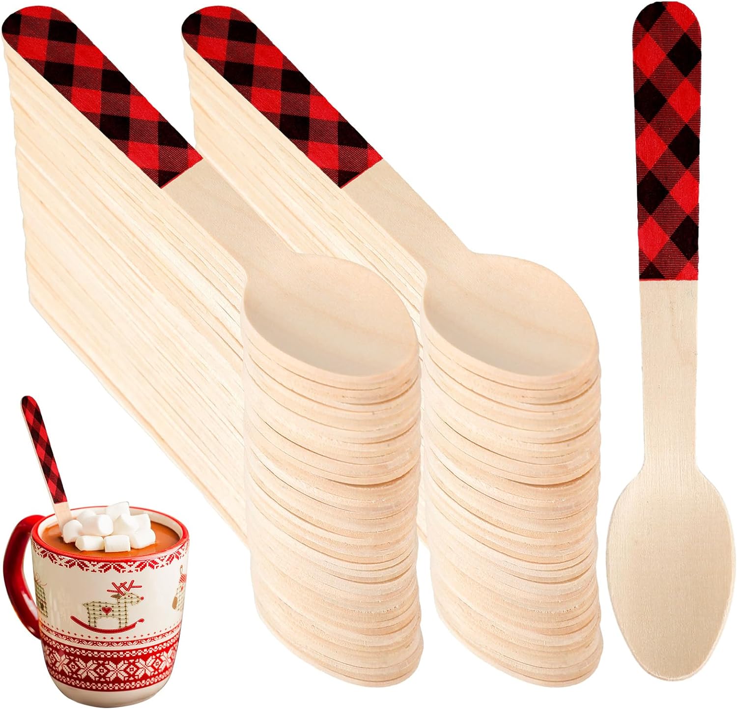 Umigy 100 Pieces Wooden Spoons Disposable 5.5'' Christmas Disposable Wooden Spoon Pattern Wooden Spoons for Hot Chocolate Wooden Tasting Spoons for Cake Cocoa Coffee Ice Cream (Red Black Plaid)