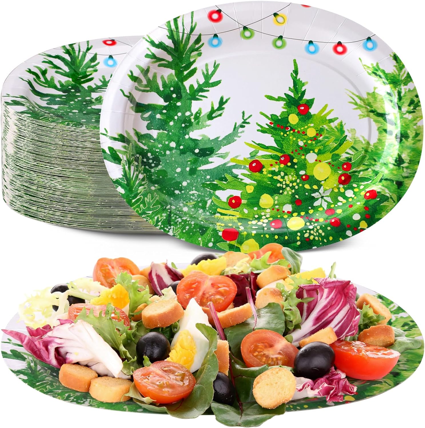 Umigy 100 Pcs Christmas Trees Oval Paper Plates 10 x 12 Large Disposable Paper Plates Xmas Tree with Lights Dinner Plates Winter Trees Serving Tray for Christmas Party Supplies Dinner Kitchen