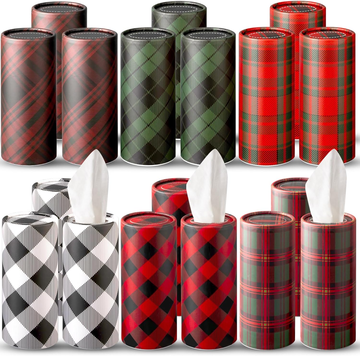 Umigy 18 Pack Christmas Tartan Car Tissue Boxes 40 Counts Tissue Napkins Round Container Disposable Tissues Boxes for Bathroom Living Room Office Kitchen Car School