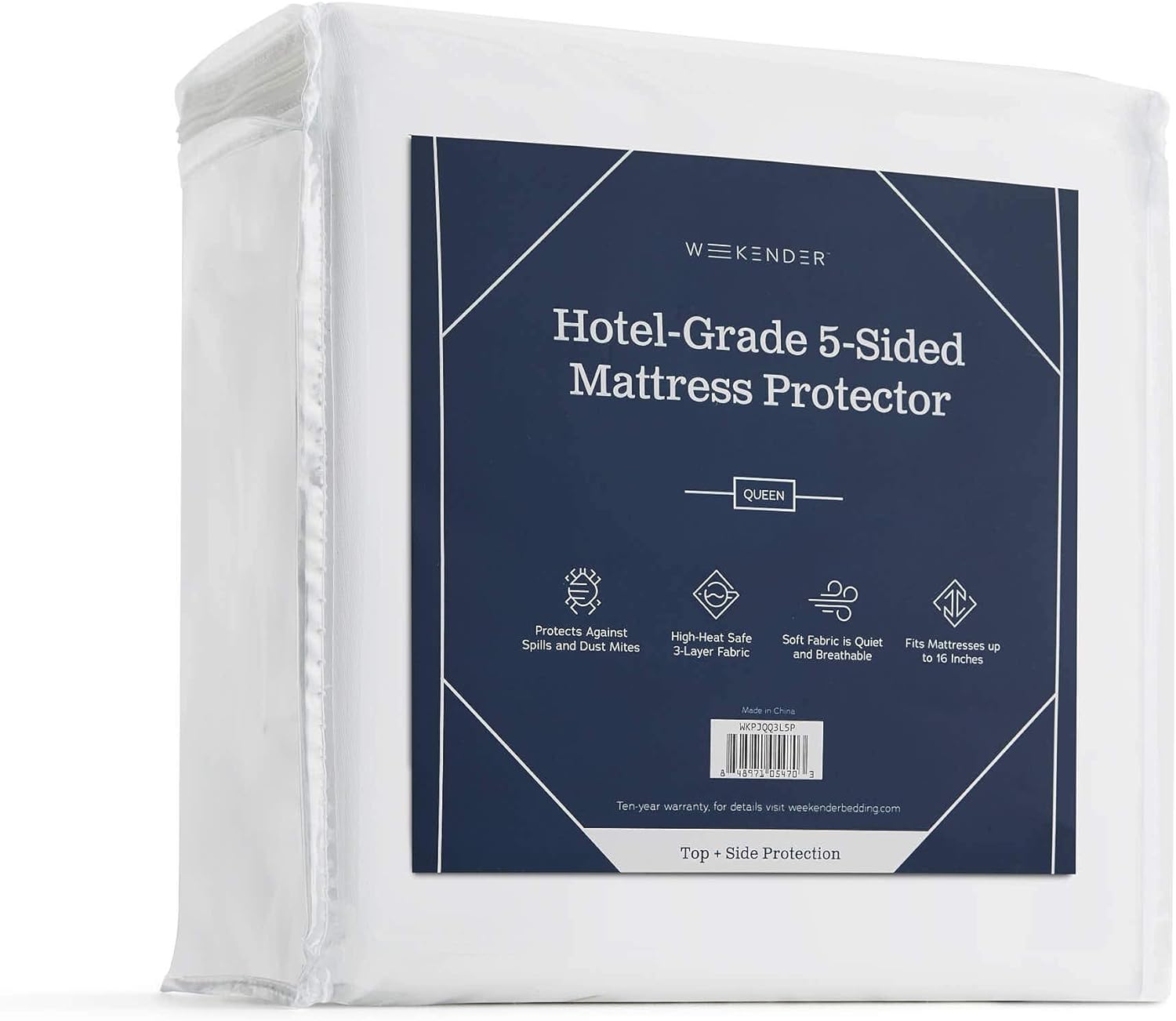 WEEKENDER Premium Commercial-Grade 5-Sided Mattress Protector-Waterproof-High Heat Dryer Proof-Reinforced Seams, Queen, White