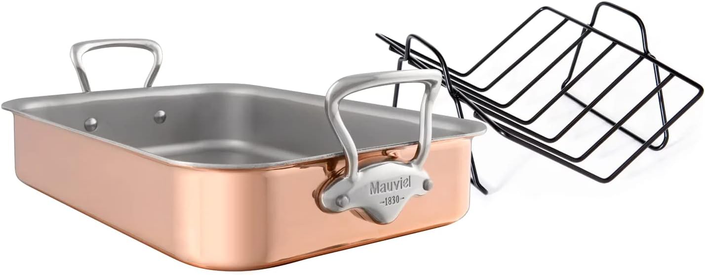 Mauviel M'150 S 1.5mm Polished Copper & Stainless Steel Roasting Pan With Rack, And Cast Stainless Steel Handles, 15.7 x 11.8-in, Made In France