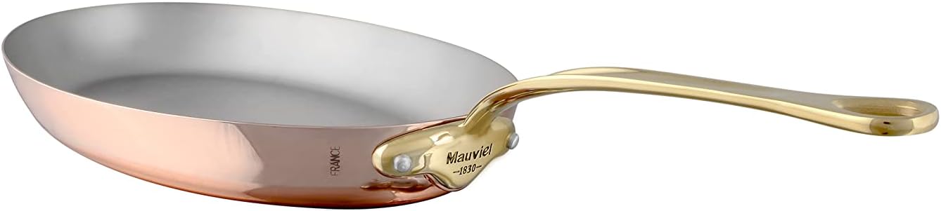 Mauviel M'150 B 1.5mm Polished Copper & Stainless Steel Oval Frying Pan With Brass Handles, 11.8 x 7.9-in, Made in France