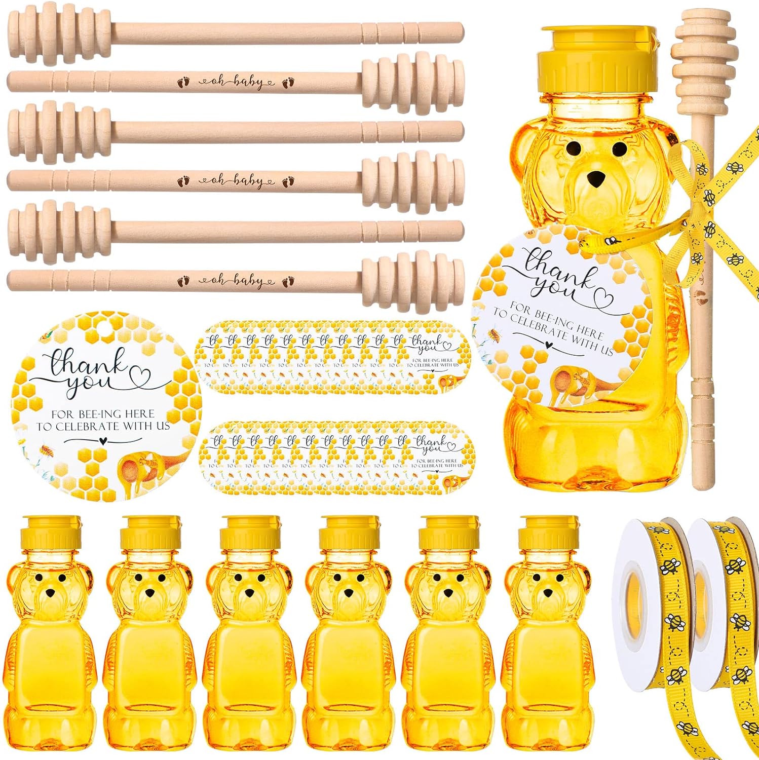 Bear Honey Bottle Sets Including 25 Plastic Empty Honey Bottles 25 Honey Dipper Sticks Wooden Honey Mixing Stirrer 25 Thank You Cards 2 Decorative Ribbons for Guests Baby Shower Party Favors