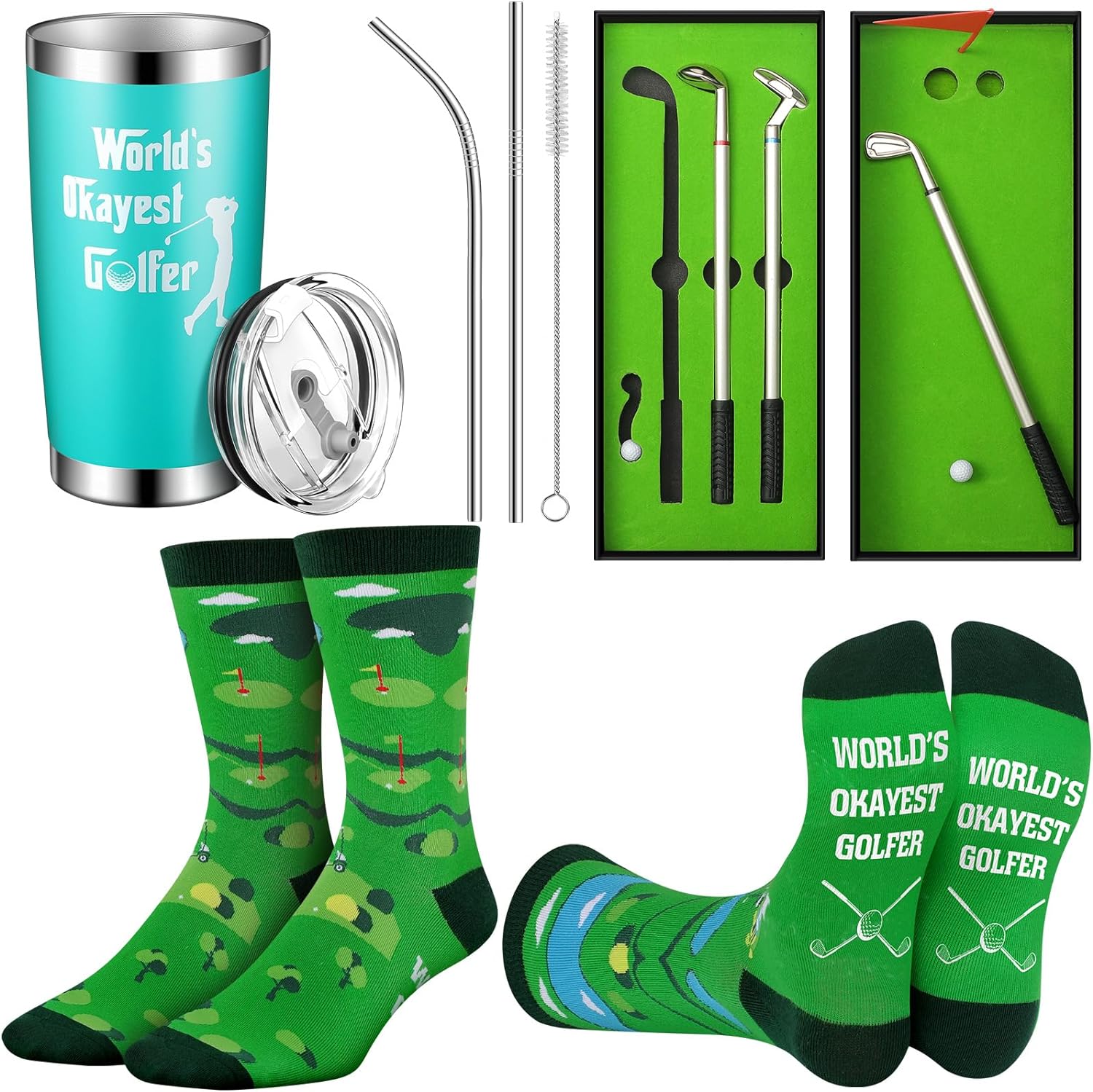 Umigy 3 Pcs Christmas Funny Golf Pen Gifts Cool Golfing Socks Stainless Steel Travel Tumbler Mug with Lid and Straw for Golfers Men Boyfriend Dad Husband Coworkers Office Retirement Birthday