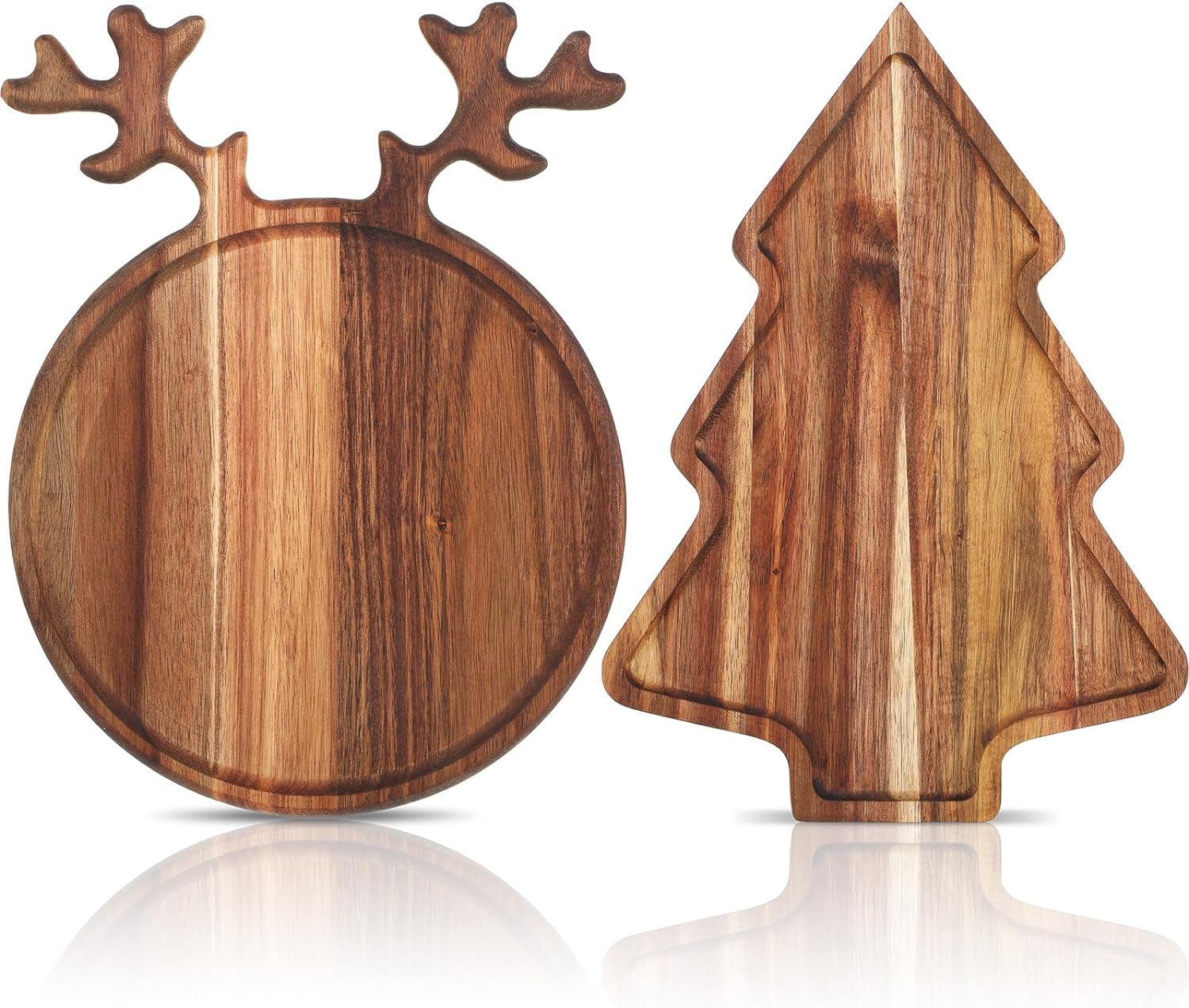 Umigy 2 Pcs Christmas Charcuterie Boards Christmas Tree Wooden Cutting Board with Handle Antler Acacia Wood Cute Cutting Board for Cheese Fruit Bread Salad Vegetables Snack Dessert