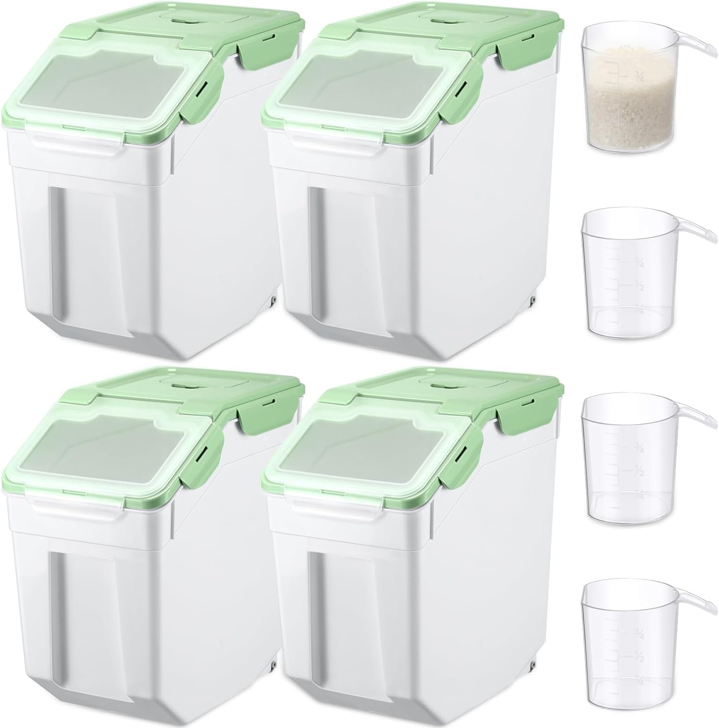 Umigy 4 Pack Flour Rice Storage Container Ingredient Storage Bin Food Storage Container Set with Locking Lid PET Dog Cat Dry Food Bin Airtight Plastic Cereal Grain Box with Measuring Cup for Kitchen