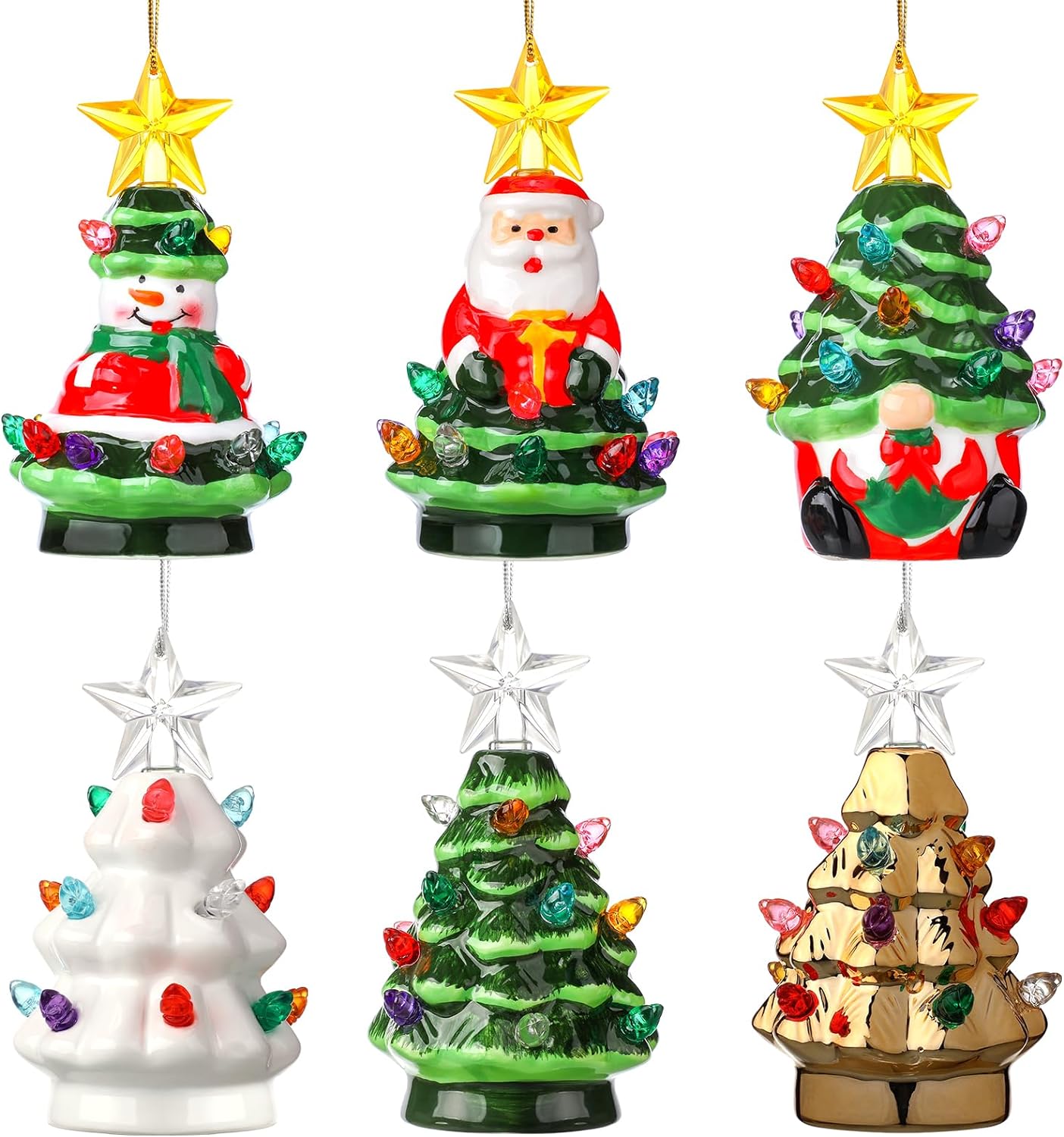 Umigy 4.5 Mini Ceramic Christmas Tree with Lights, Vintage Nostalgic LED Ceramic Christmas Tree Ornament for Table Top Desk Classic Holiday Decoration Gifts(Novelty, 6 Pcs)