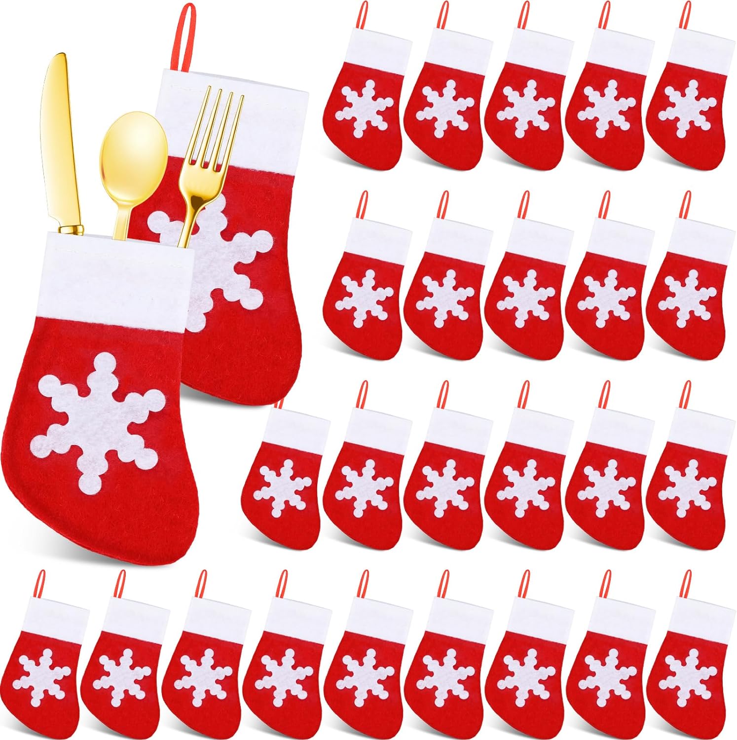 Umigy 150 Pcs 5.5 Inch Mini Christmas Stockings Bulk Christmas Dinner Table Decorations Christmas Socks Ornaments Spoon Knife Fork Bag Tableware Holder for Xmas Party Table Decor (Red Snowflake)