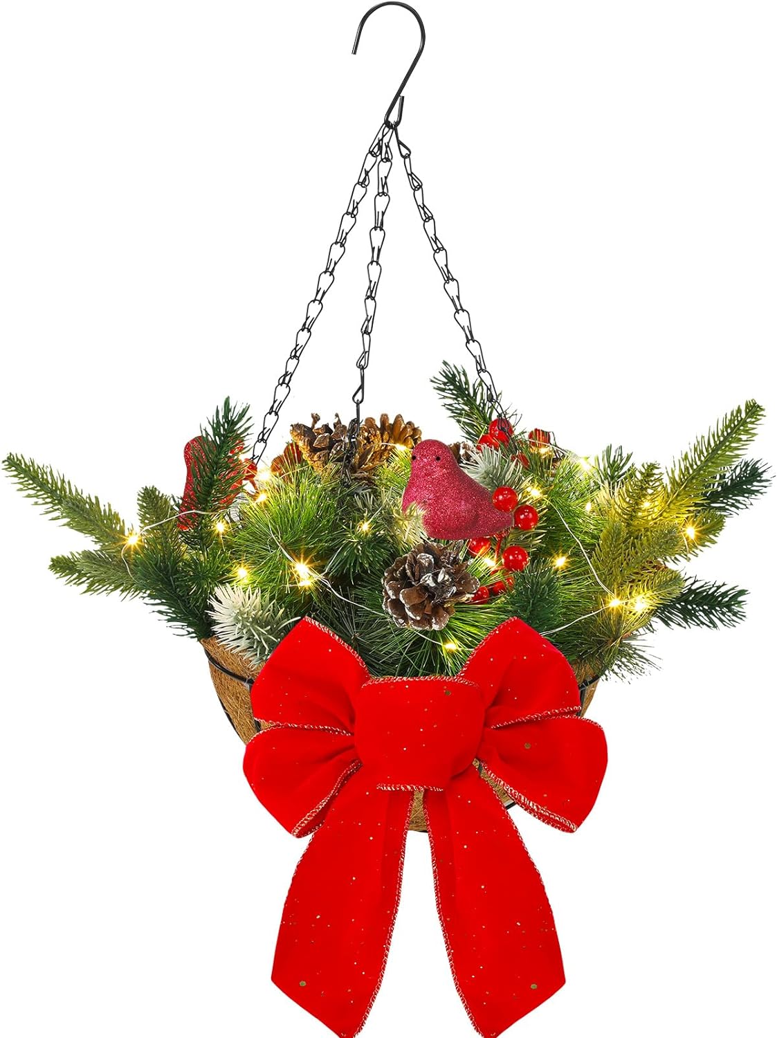 2 Pcs 20 Inch Lighted Christmas Hanging Baskets for Outdoor Pre Lit Artificial Christmas Hanging Tree Basket Decorated with Red Velvet Bow Pine Cones Berry Holly Cardinals for Front Porch Decorations