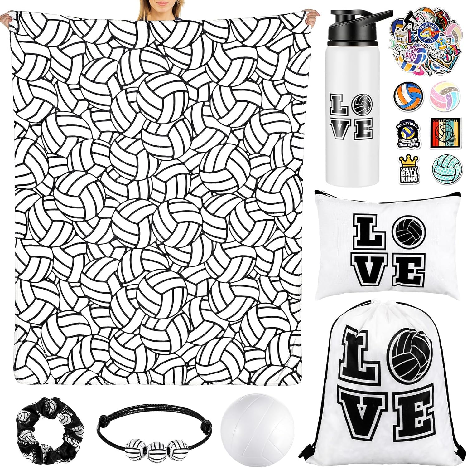 Umigy 8 Pcs Volleyball Gifts Including Blanket, 23 oz Water Bottle, Drawstring Bag, Cosmetic Bag, Stickers, Bracelets, Sport Hair Scrunchies, Foam Training Ball for Volleyball Party Favors