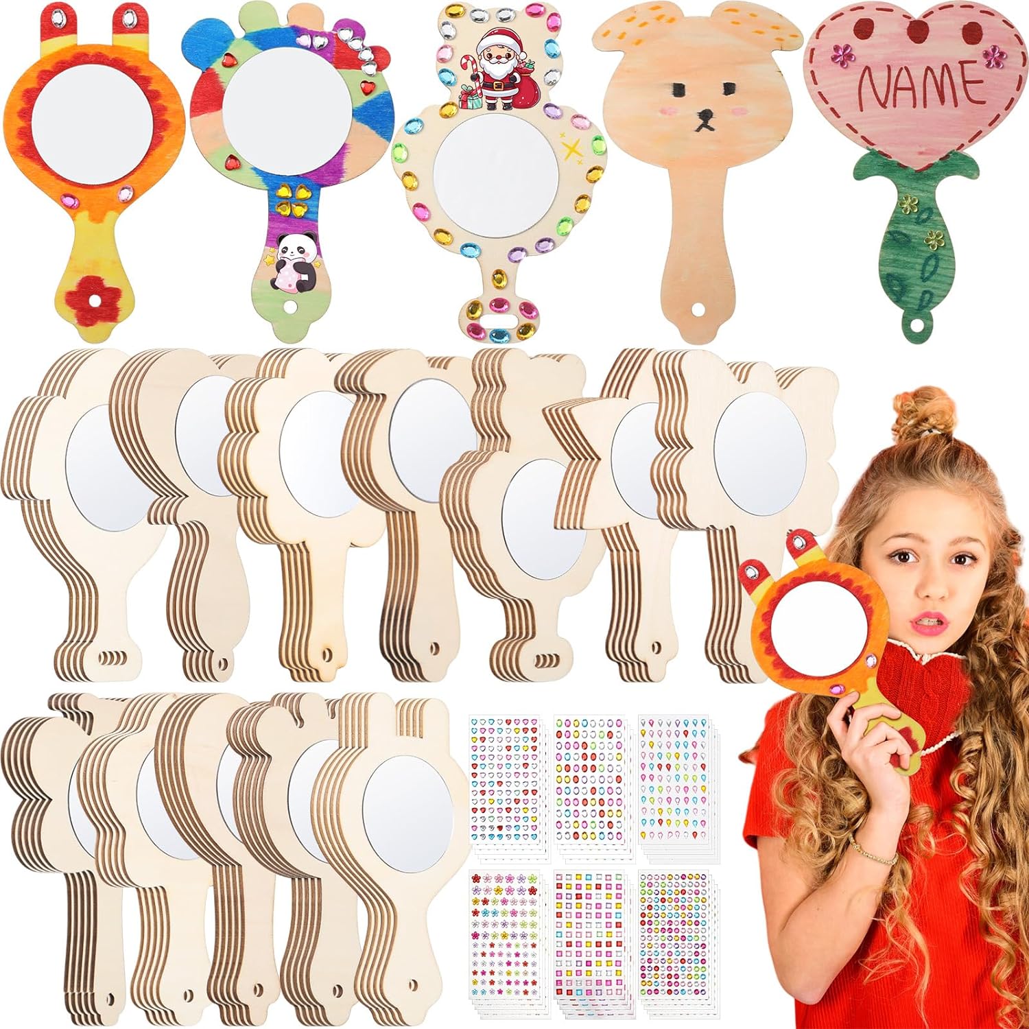 Umigy 90 Pcs Princess Wooden Mirror for Kids Princess Party Favors Decorate Your Own Princess Mirrors with Gem Stickers Kits DIY Craft Painting Mirror for Xmas Birthday(Multiple Style)