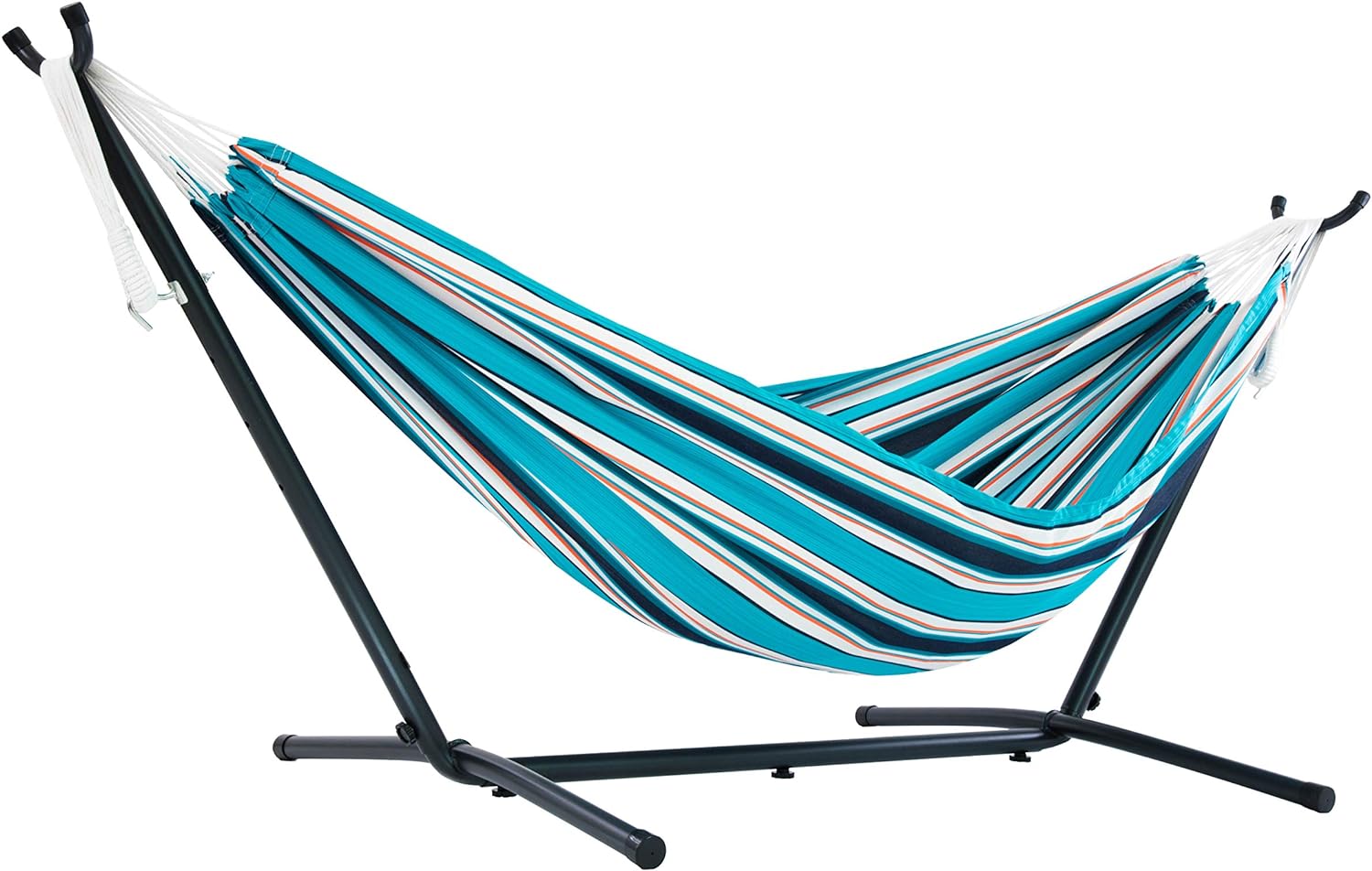 Vivere Double Sunbrella Hammock with Space Saving Steel Stand, Token Surfside (450 lb Capacity - Premium Carry Bag Included)