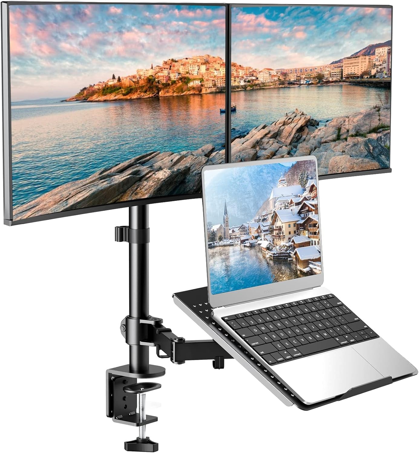 HUANUO Laptop Mount, Height Adjustable Dual Monitor Mount with Laptop Keyboard Tray Fit Two 13 to 27 Inch Flat Curved Computer Screens and 10 to 17 Inch Notebooks