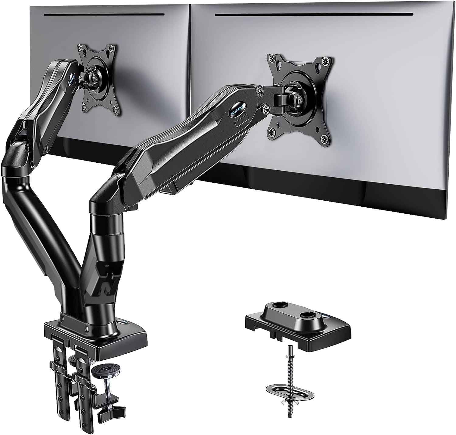 HUANUO Dual Monitor Stand - Adjustable Spring Monitor Desk Mount Swivel Vesa Bracket with C Clamp, Grommet Mounting Base for 13 to 30 Inch Computer Screens - Each Arm Holds 4.4 to 19.8lbs