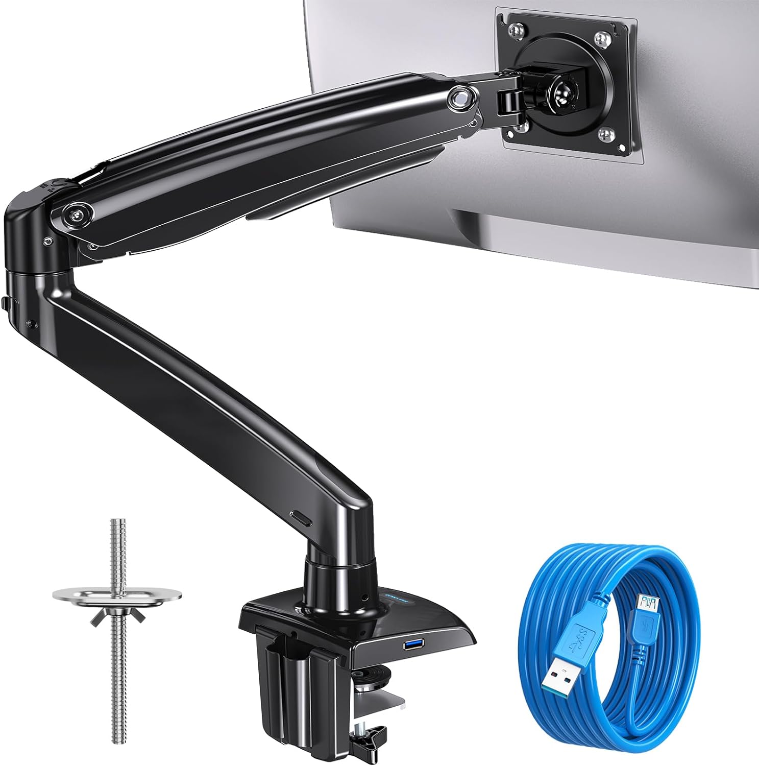 HUANUO Single Monitor Arm for 13-35 inch Screens, Holds 4.4lbs to 26.4lbs, Adjustable Gas Spring Monitor Mount with USB, Computer Monitor Stand with VESA Mount, C-Clamp & Grommet Base