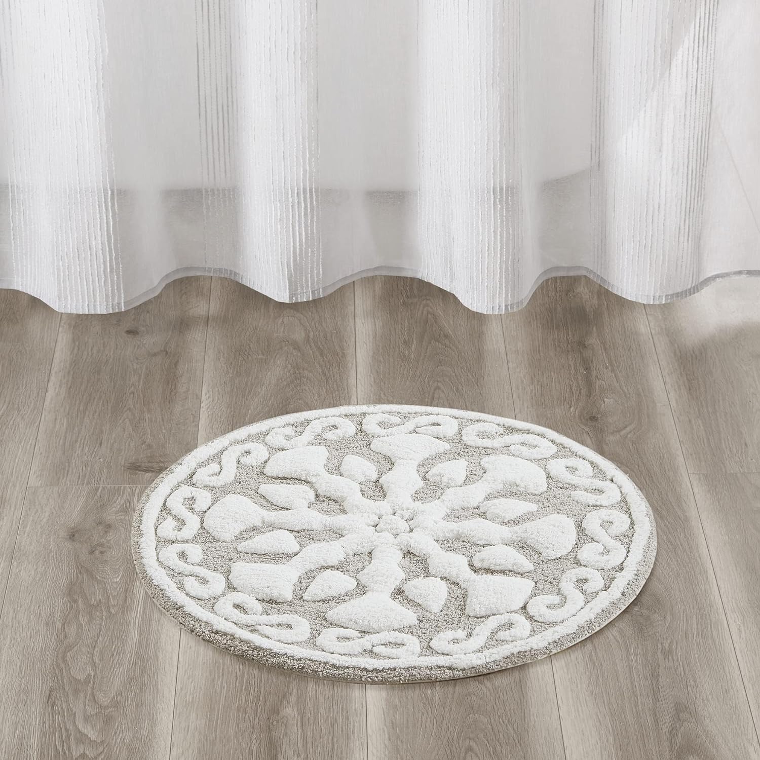 Madison Park Casablanca 100% Cotton Tufted Bathroom Rugs Luxurious Plush Medallion Floral Pattern Bath Mat Absorbent, Quick Dry, Spa Design Shower Room Dcor, Round 25, Taupe