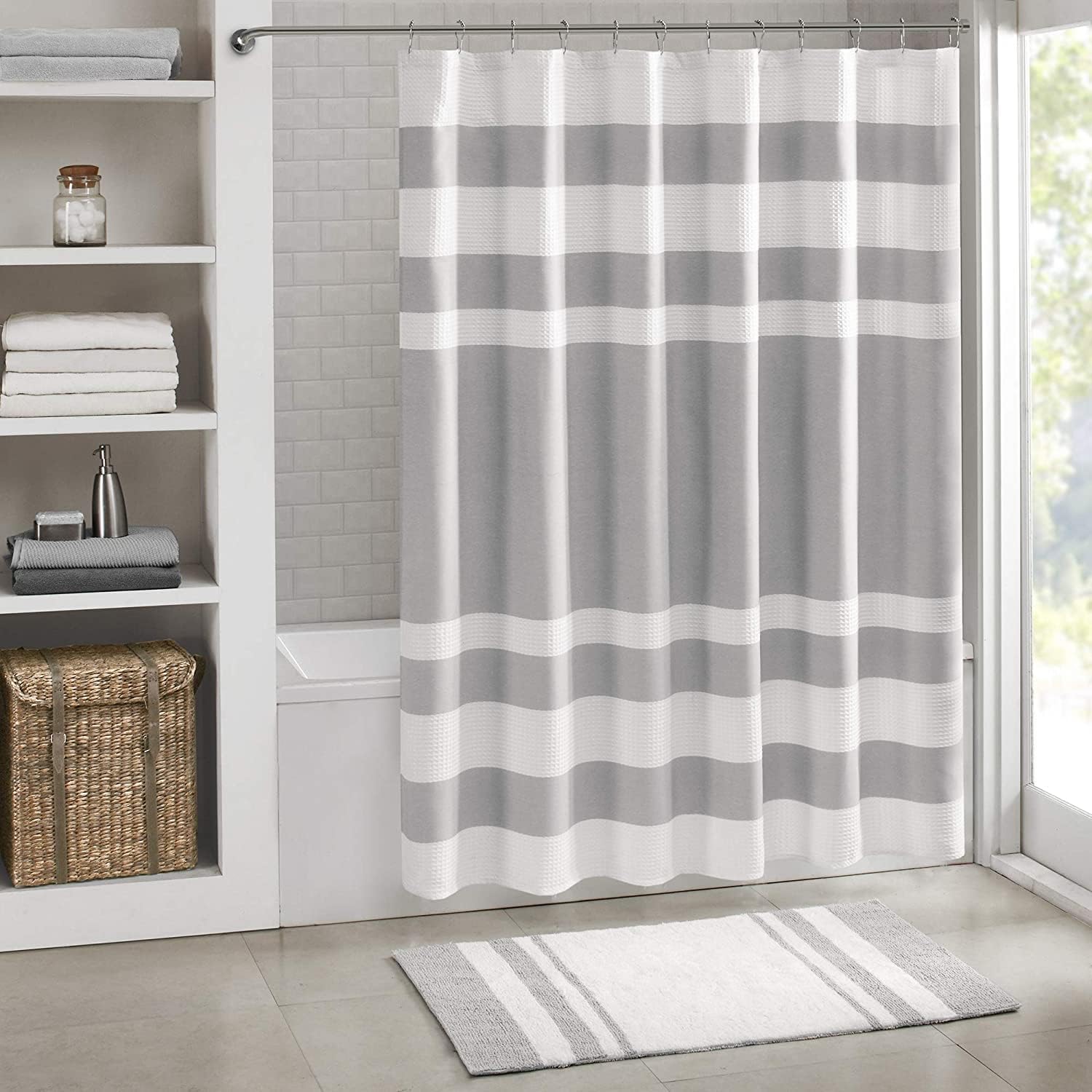 Madison Park Shower Curtain, Waffle Weave, Pieced Design Fabric Shower Curtain with 3M Scotchgard Moisture Management, Premium Spa Quality Modern Shower Curtains for Bathroom, Standard 72x72 Grey