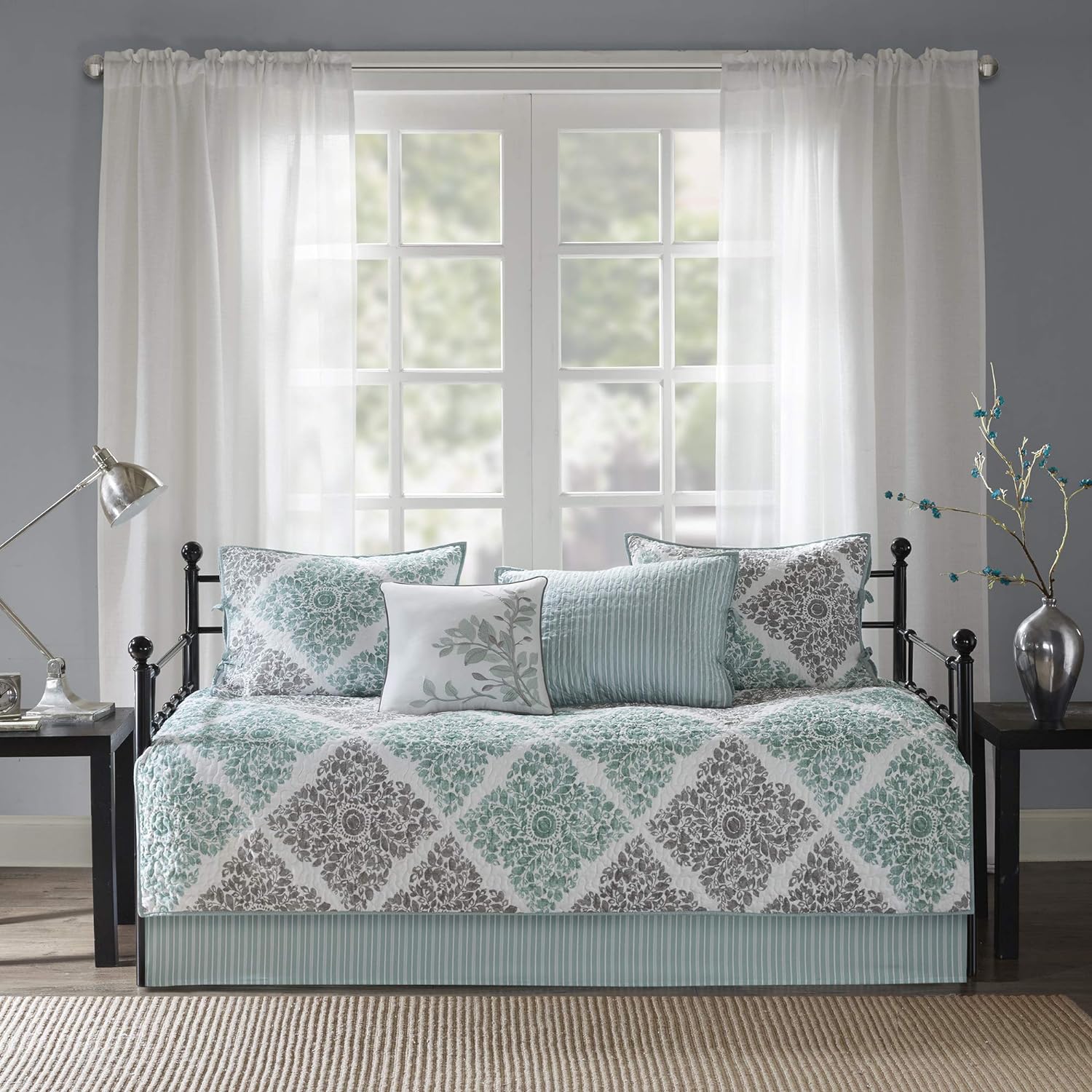 Madison Park Daybed Cover Set - Double Sided Quilting Casual Design, All Season Bedding with Bedskirt, Matching Shams, Decorative Pillow, 75x39, Diamond Aqua 6 Piece