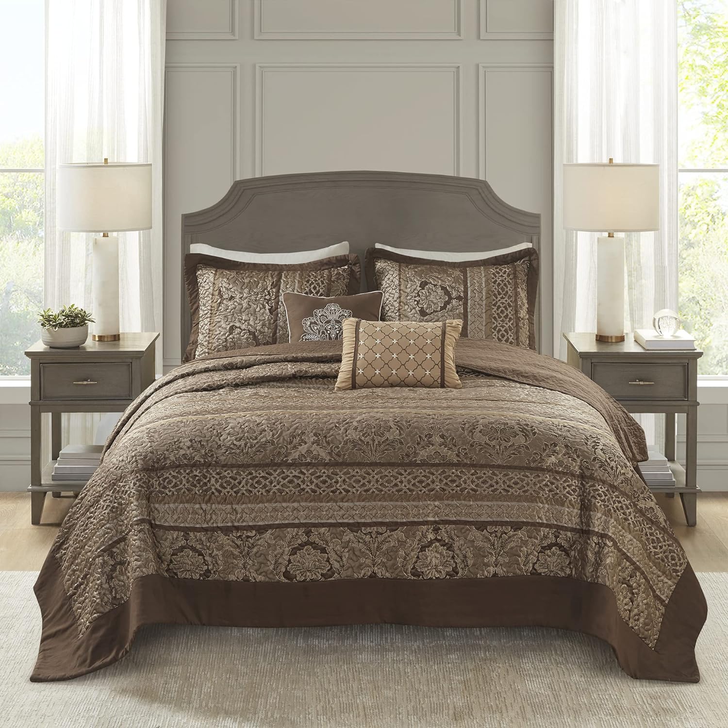 Madison Park Bellagio Reversible Quilted Bedspread Set, Solid Reverse Summer Breathable, Lightweight All Season Bedding Layer, Matching Shams, Bedspread Queen(102x118), Brown 5 Piece