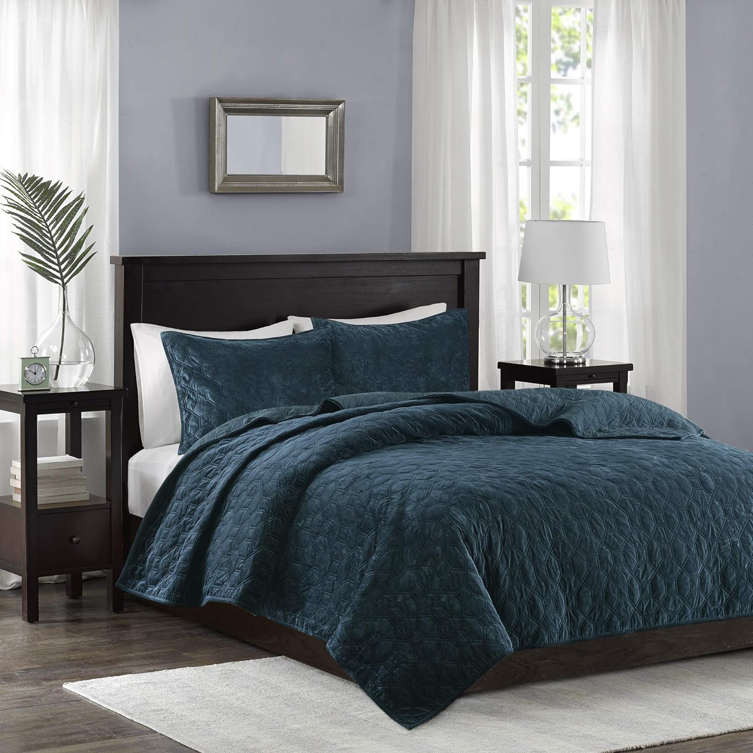 Madison Park Harper Quilt Set Velvet Casual Geometric Stitching Design All Season, Lightweight Coverlet, Cozy Bedding, Matching Shams, Full/Queen(90x90), Teal 3 Piece