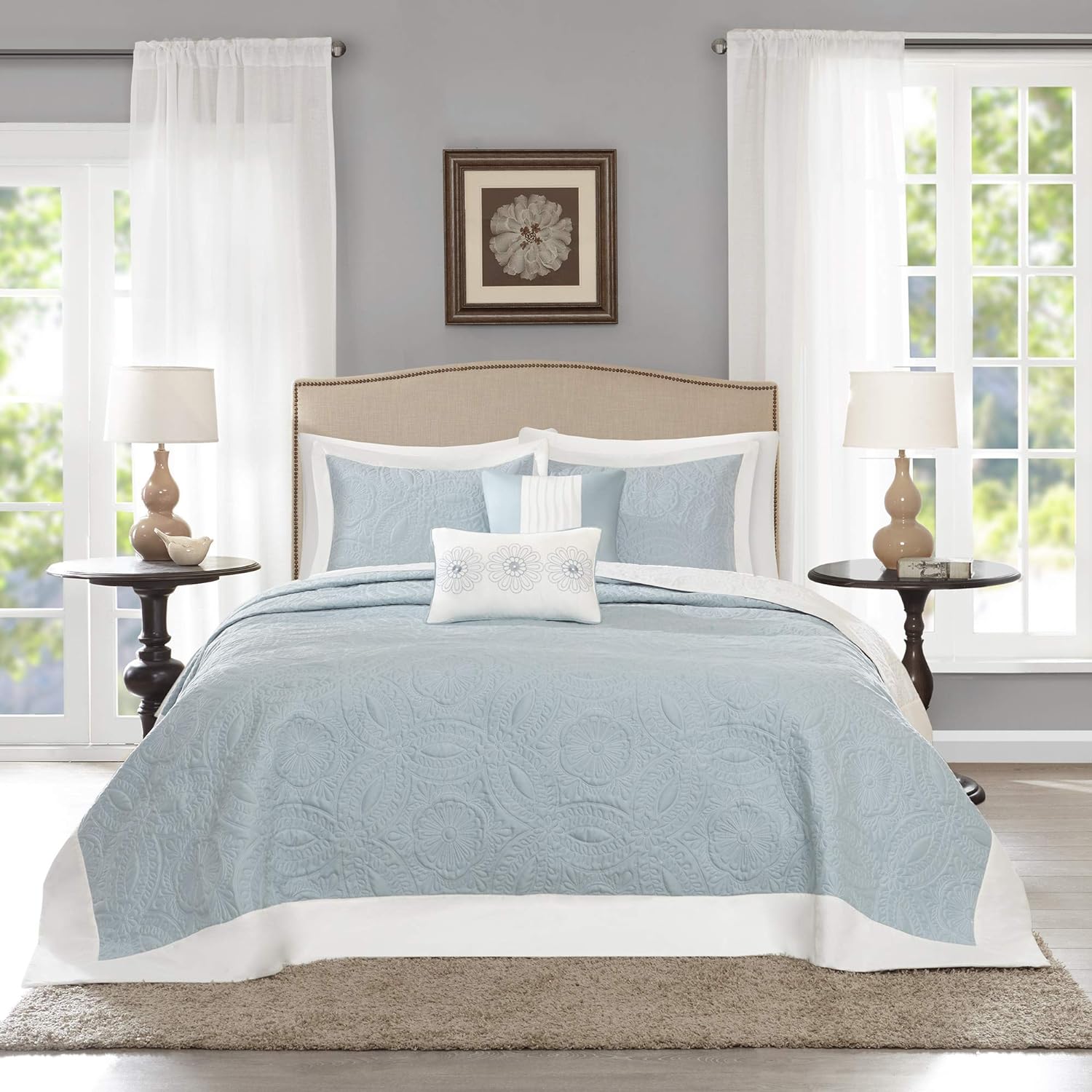 Madison Park Ashbury Bedspread Set - Luxury Textured Quilt, All Season, Large Lightweight Coverlet, Cozy Bedding, Matching Shams, Medallion Blue, Oversized King (120 in x 118 in)