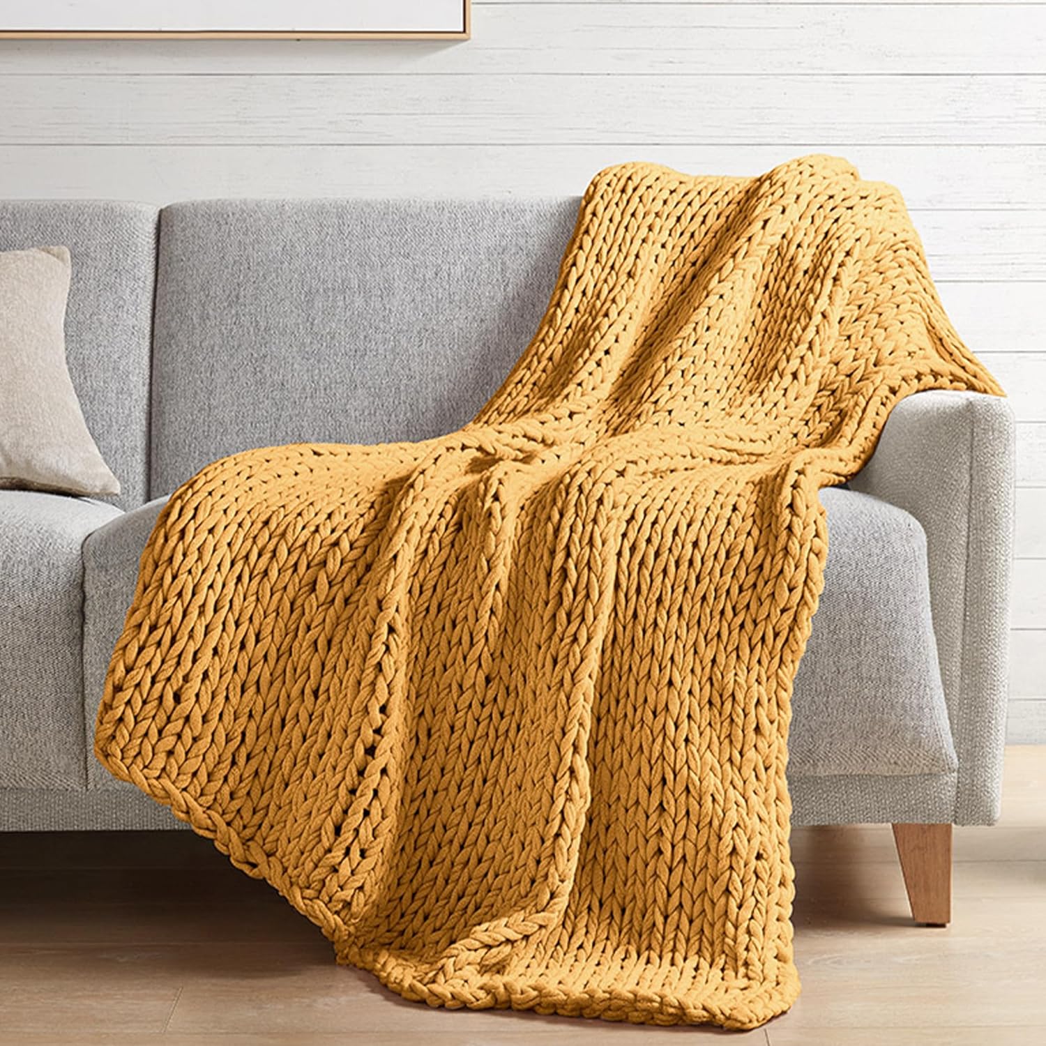 Madison Park Chunky Knit Handmade Throw Blanket, Luxurious and Classic Design, Elegantly Soft, Lightweight, Breathable, Cottage Style Room Dcor All Season Throw Blanket for Couch, 50W x 60L Yellow