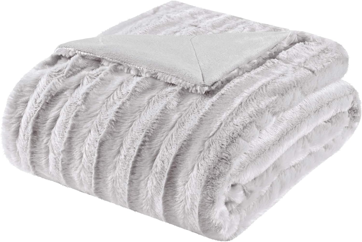 Madison Park Duke Luxury Long Faux Fur Throw Grey 50*60 Premium Soft Cozy Brushed Long Faux Fur For Bed, Coach or Sofa