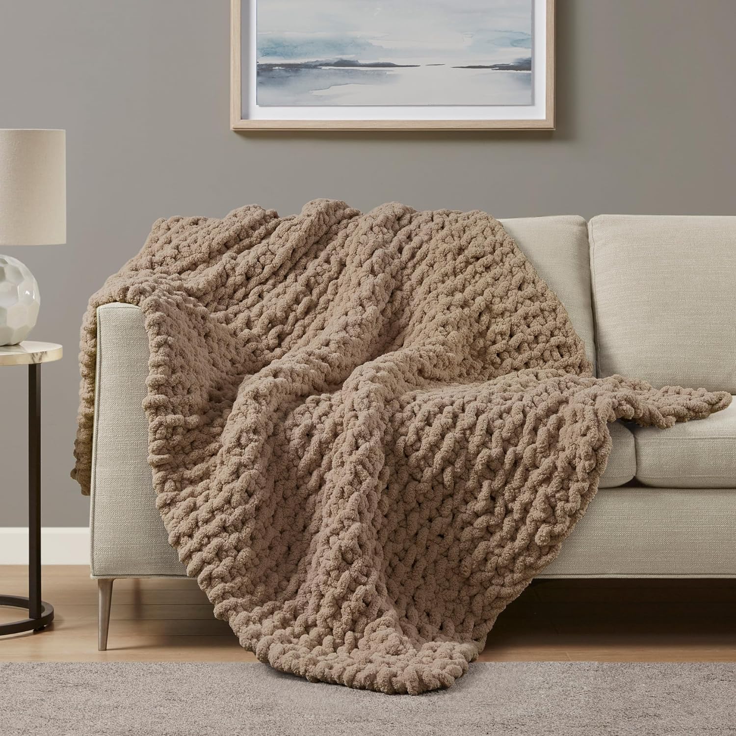 Madison Park Chunky Knit Handmade Throw, Luxurious and Classic Design, Elegantly Soft, Lightweight, Breathable Cover, Cottage Style Room Dcor Summer Blanket, 50 W x 60 L Brown