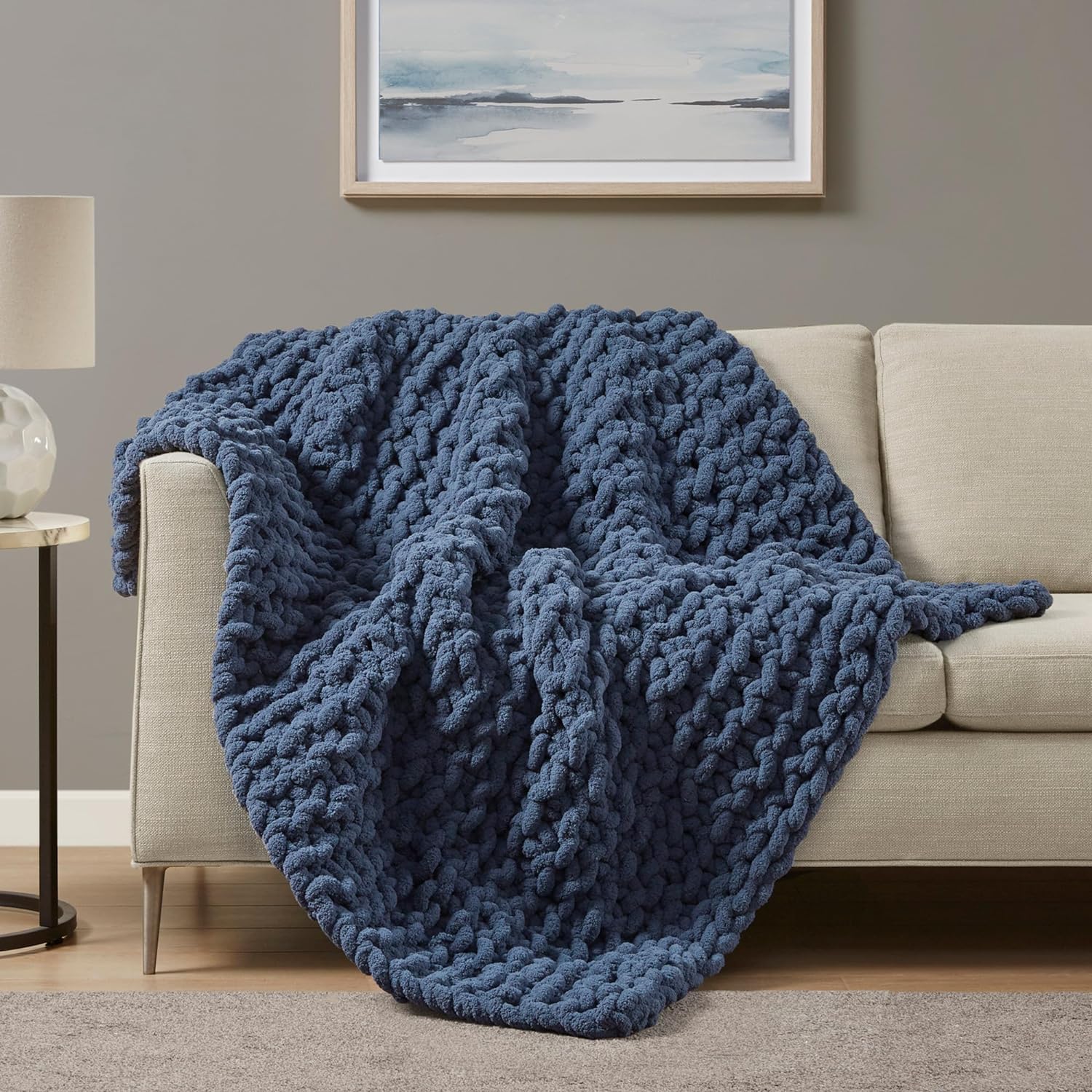 Madison Park Chunky Knit Handmade Throw, Luxurious and Classic Design, Elegantly Soft, Lightweight, Breathable Cover, Cottage Style Room Dcor Summer Blanket, 50 W x 60 L Navy Blue