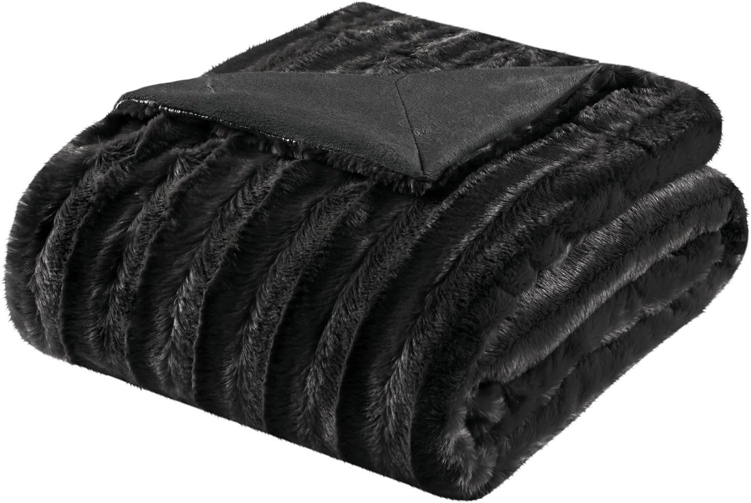 Madison Park Duke Luxury Long Faux Fur Throw Premium Soft Cozy Brushed Long Fur For Bed, Coach or Sofa, 50x60, Black