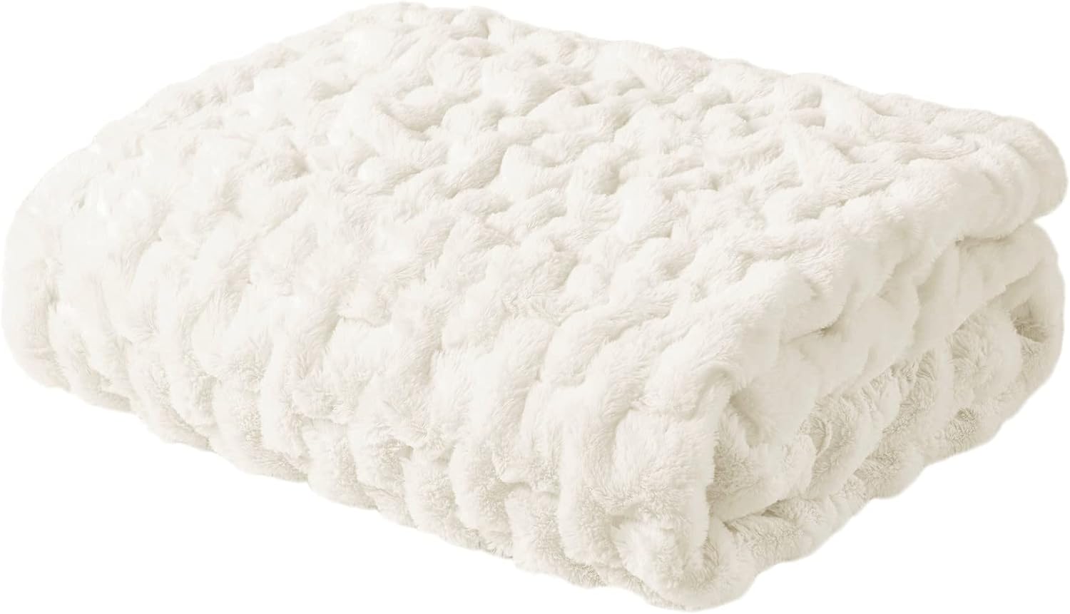 Madison Park Ruched Fur Luxury Throw Premium Soft Cozy Brushed Long Faux Fur For Bed, Couch or Sofa , 50x60 , Ivory