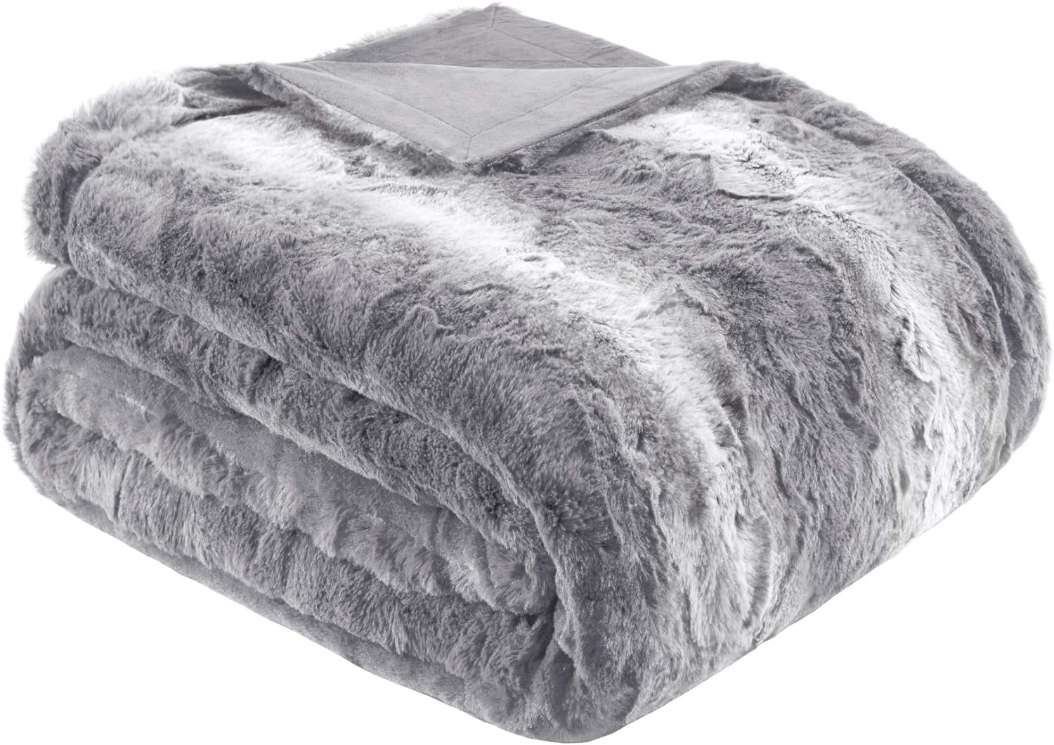 Madison Park Zuri Soft Plush Luxury Oversized Faux Fur Throw Animal Stripes Design, Faux Mink On The Reverse, Modern Cold Weather Blanket for Bed, Sofa Couch, 60x70, Grey