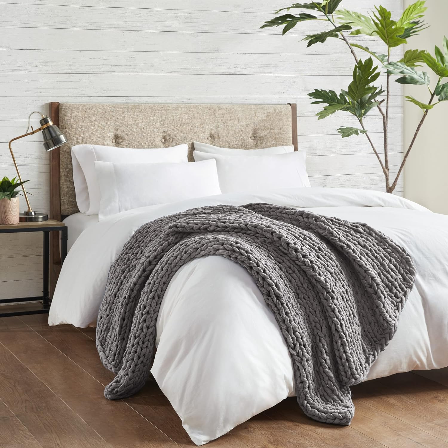 Madison Park Chunky Knit Handmade Throw, Luxurious and Classic Design, Elegantly Soft, Lightweight, Breathable Cover, Cottage Style Room Dcor Summer Blanket, 50 W x 60 L, Charcoal