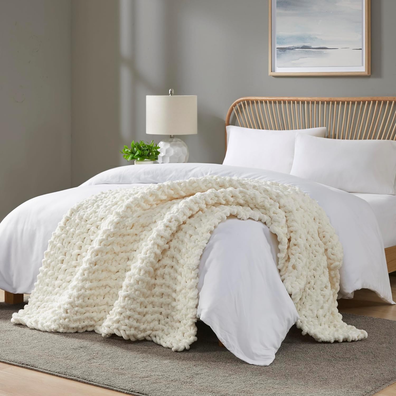 Madison Park Chunky Knit Handmade Throw Blanket, Luxurious and Classic Design, Elegantly Soft, Lightweight, Breathable, Cottage Style Room Dcor All Season Throw Blanket for Couch, 50W x 60L Ivory