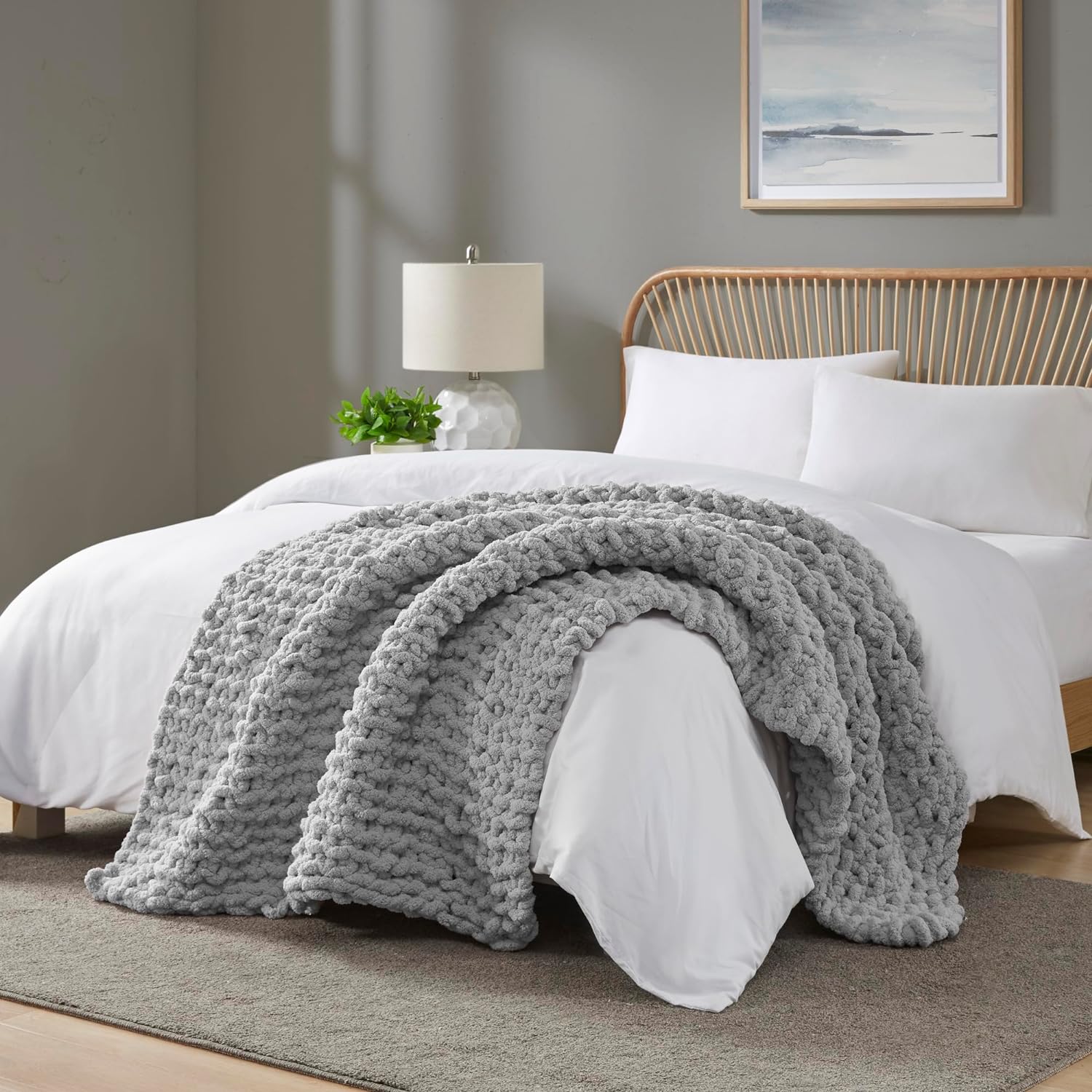 Madison Park Chunky Knit Handmade Throw Blanket, Luxurious and Classic Design, Elegantly Soft, Lightweight, Breathable, Cottage Style Room Dcor All Season Throw Blanket for Couch, 50 W x 60 L Grey