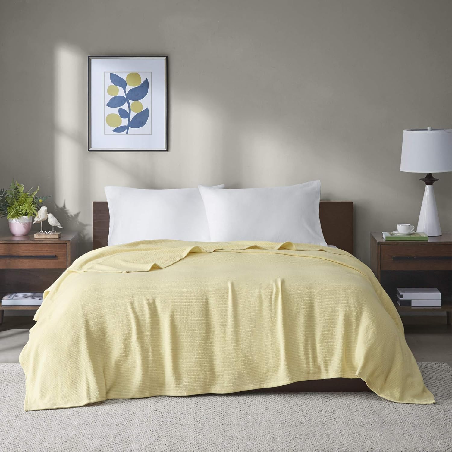 Madison Park Freshspun Basketweave Luxury Cotton Blanket Yellow 90x90 Full/Queen Size Basketweave Premium Soft Cozy 100% Cotton For Bed, Couch or Sofa