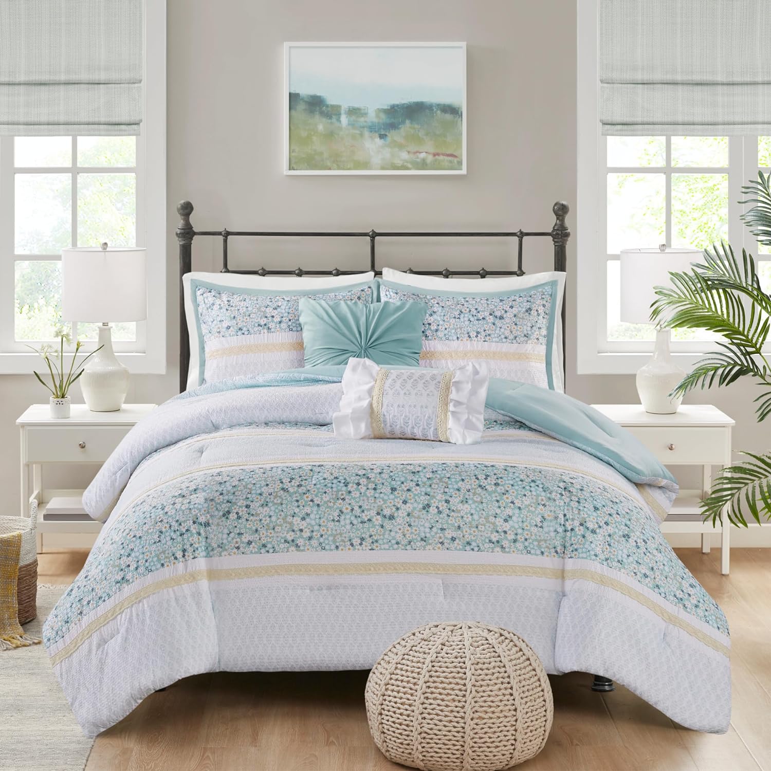 Madison Park Comforter Set, Seersucker Floral Queen Size Comforter Sets, Microfiber Comforters, All Season Lightweight Comforter, Throw Pillows, Caralie, Full/Queen Aqua 5 Piece