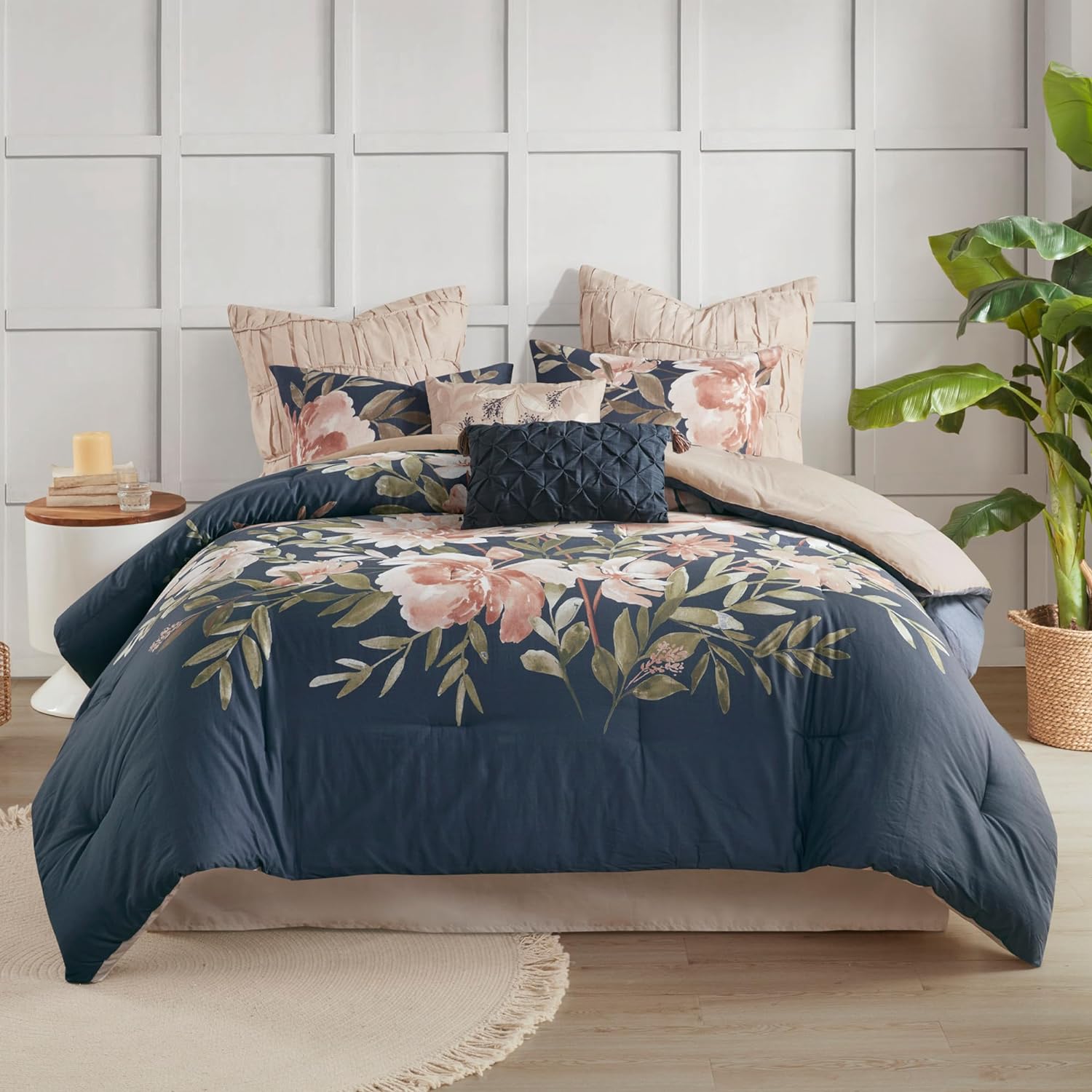 Madison Park Comforter Set, Floral King Size Comforter Sets, Cotton Bedding Comforters, Microfiber Reverse, All Seasons Lightweight Bed Set, Bedskirt, Throw Pillows, Camillia, Cal King Navy 8 Piece