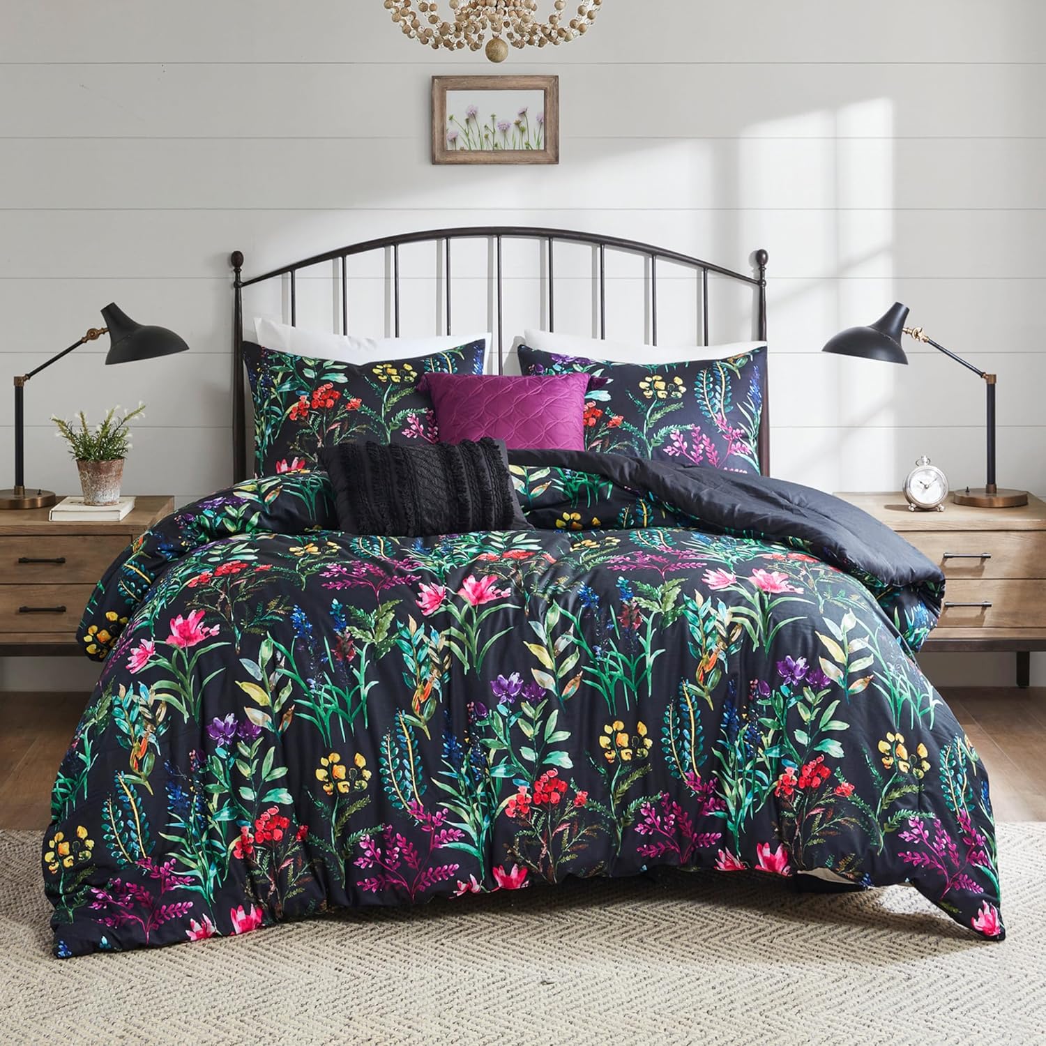 Madison Park Comforter Set, Softspun Vibrant Color Floral Print Boho Bedset Queen Size Comforter Sets, All Seasons Lightweight Microfiber Bedding Set, Shams, Pillows, Tasha, Full/Queen Black 5 Piece