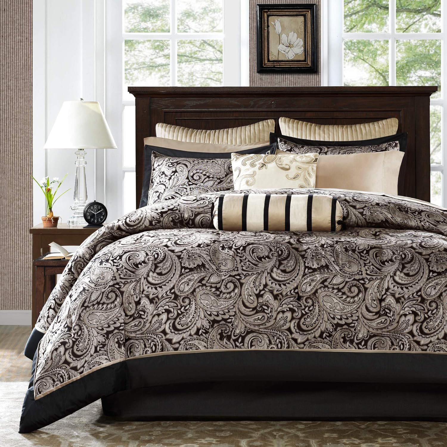 Madison Park Aubrey Cozy Comforter Set, Faux Silk Jacquard Paisley Design - All Season Down Alternative Bedding with Cotton Bed Sheets, Bed Skirt & Toss Pillows, Queen Black 12 Piece