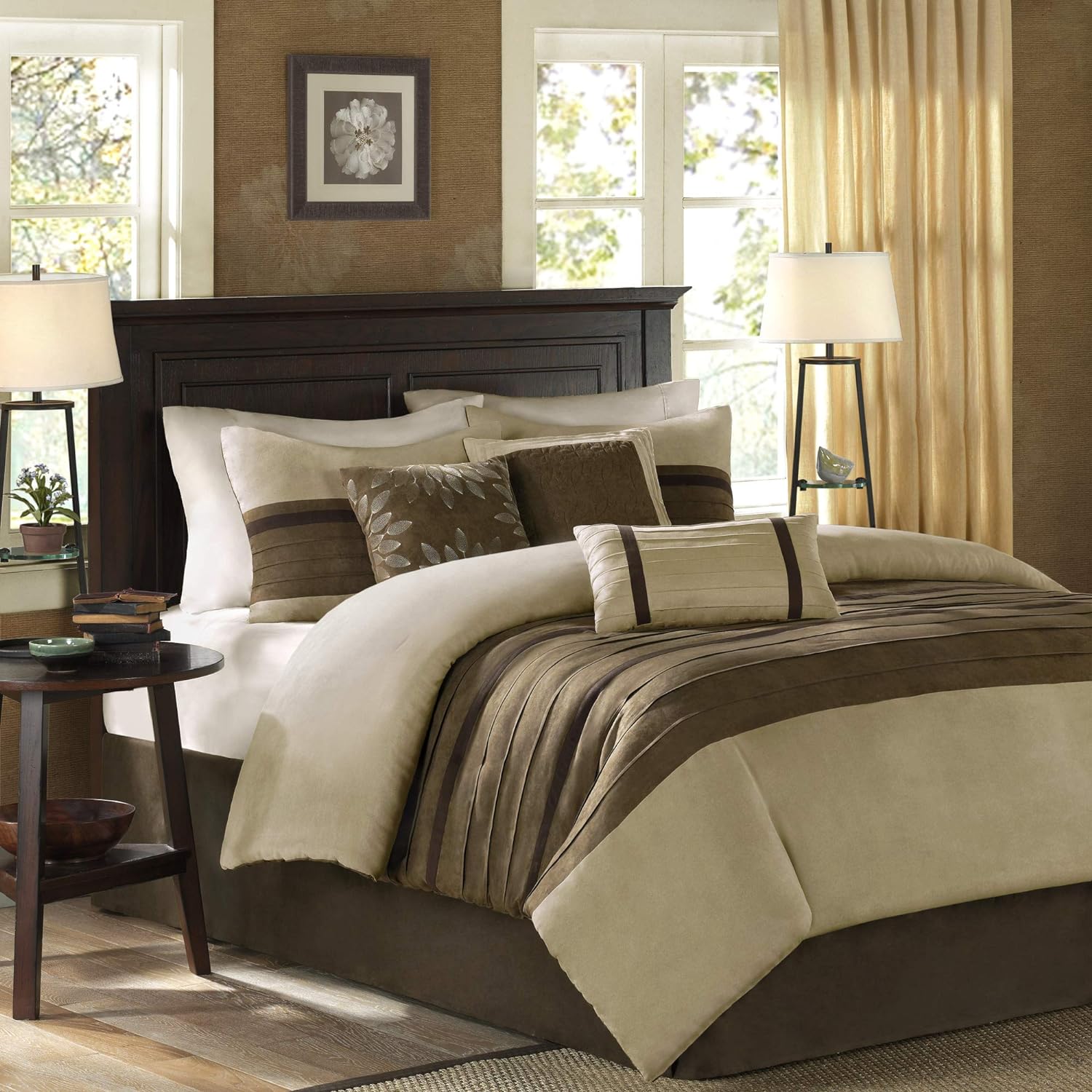 Madison Park Palmer Comforter Set-Luxury Faux Suede Design, Striped Accent, All Season Down Alternative Bedding, Matching Shams, Decorative Pillow, Bed Skirt, Queen (90 in x 90 in), Natural 7 Piece