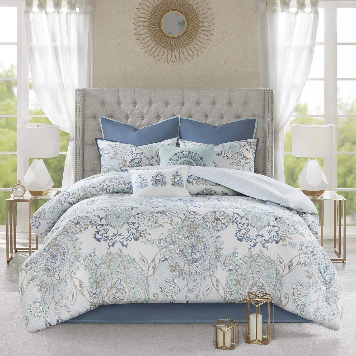 Madison Park Reversible 100% Cotton Comforter Season Set, Matching Bed Skirt, Decorative Pillows, Cal King(104x92), Isla, Floral Medallion Blue 8 Piece