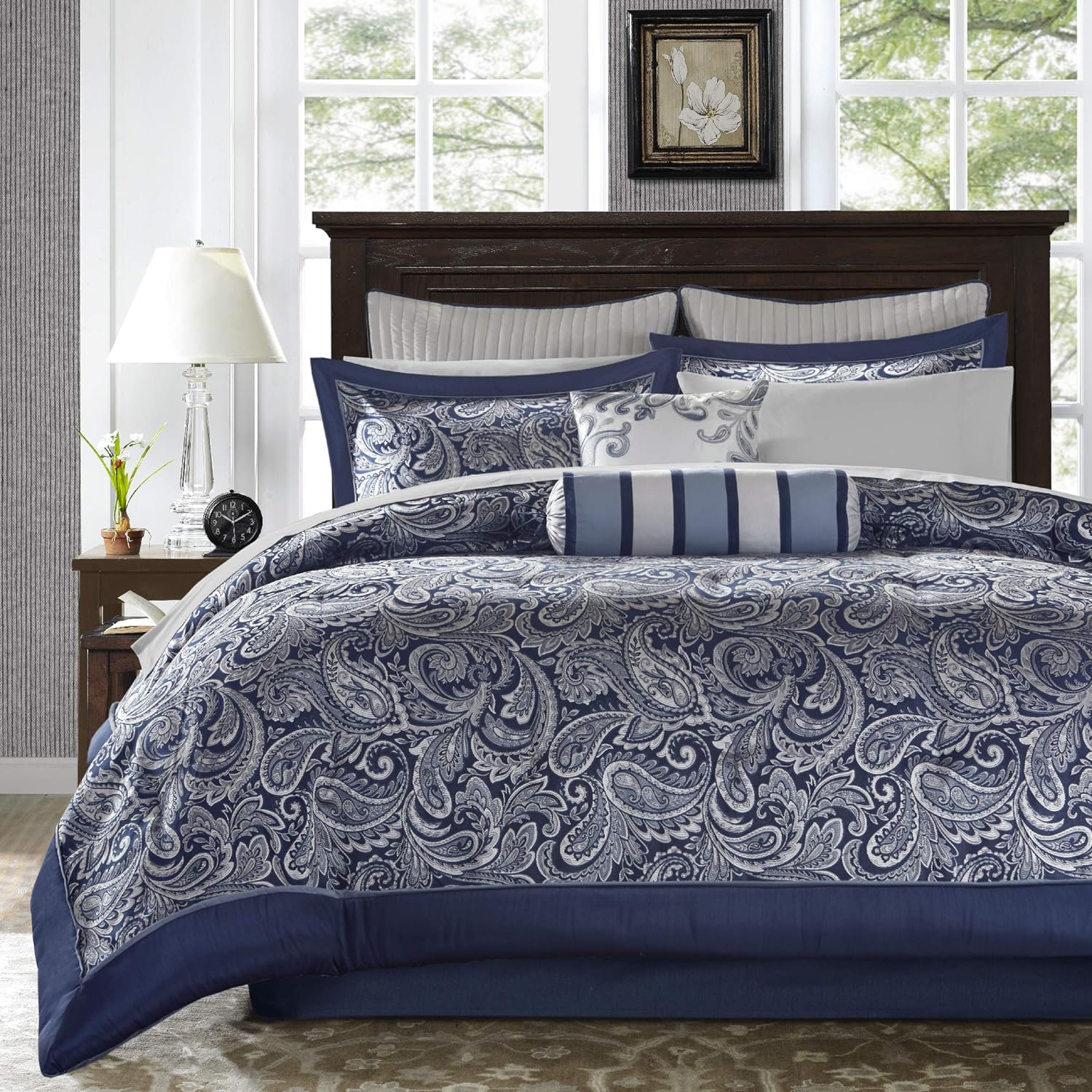 Madison Park Aubrey Cozy Comforter Set, Faux Silk Jacquard Paisley Design - All Season Down Alternative Bedding with Cotton Bed Sheets, Bed Skirt & Toss Pillows, King Navy 12 Piece