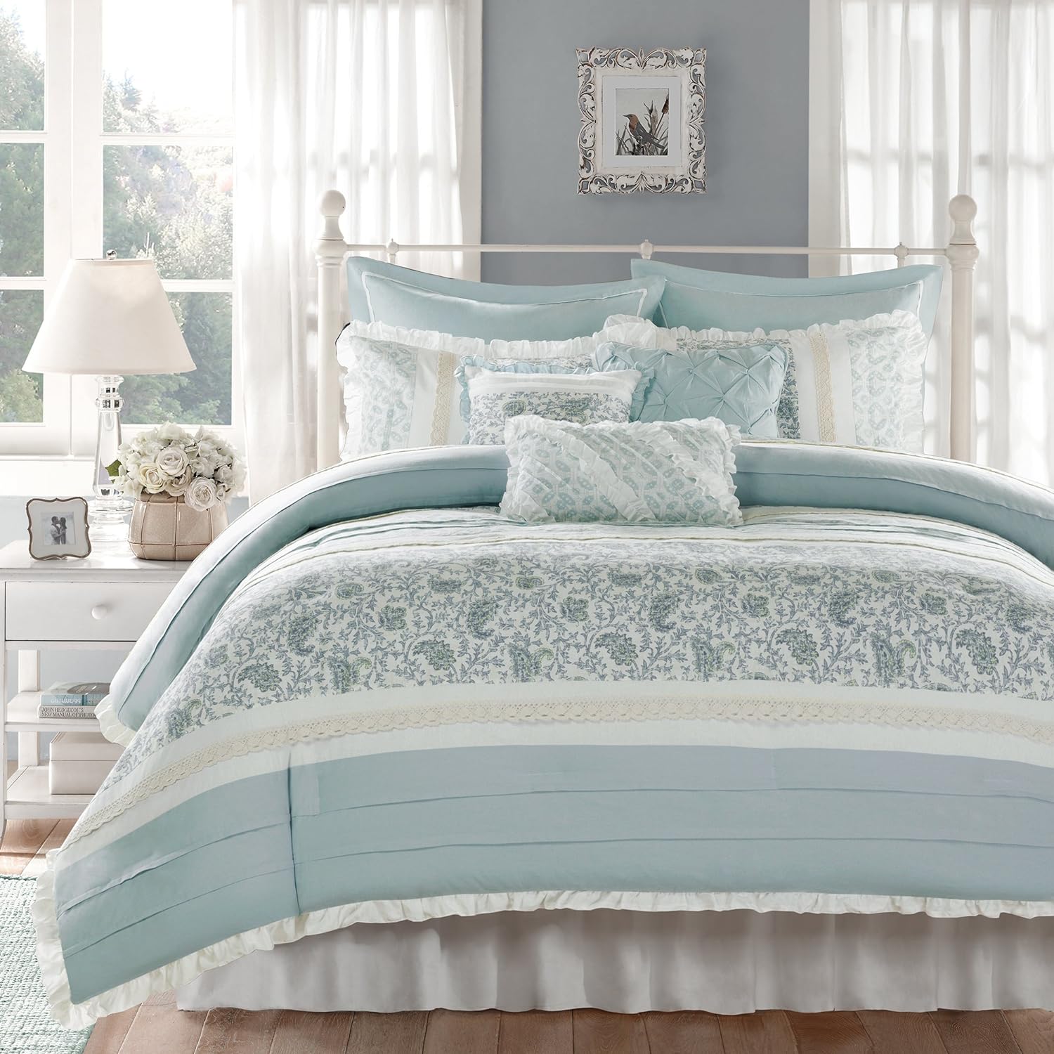 Madison Park Dawn 100% Cotton Shabby Chic Comforter Set-Modern Cottage Design All Season Down Alternative Bedding, Matching Shams, Bedskirt, Decorative Pillows, Queen(90x90), Blue 9 Piece , Aqua