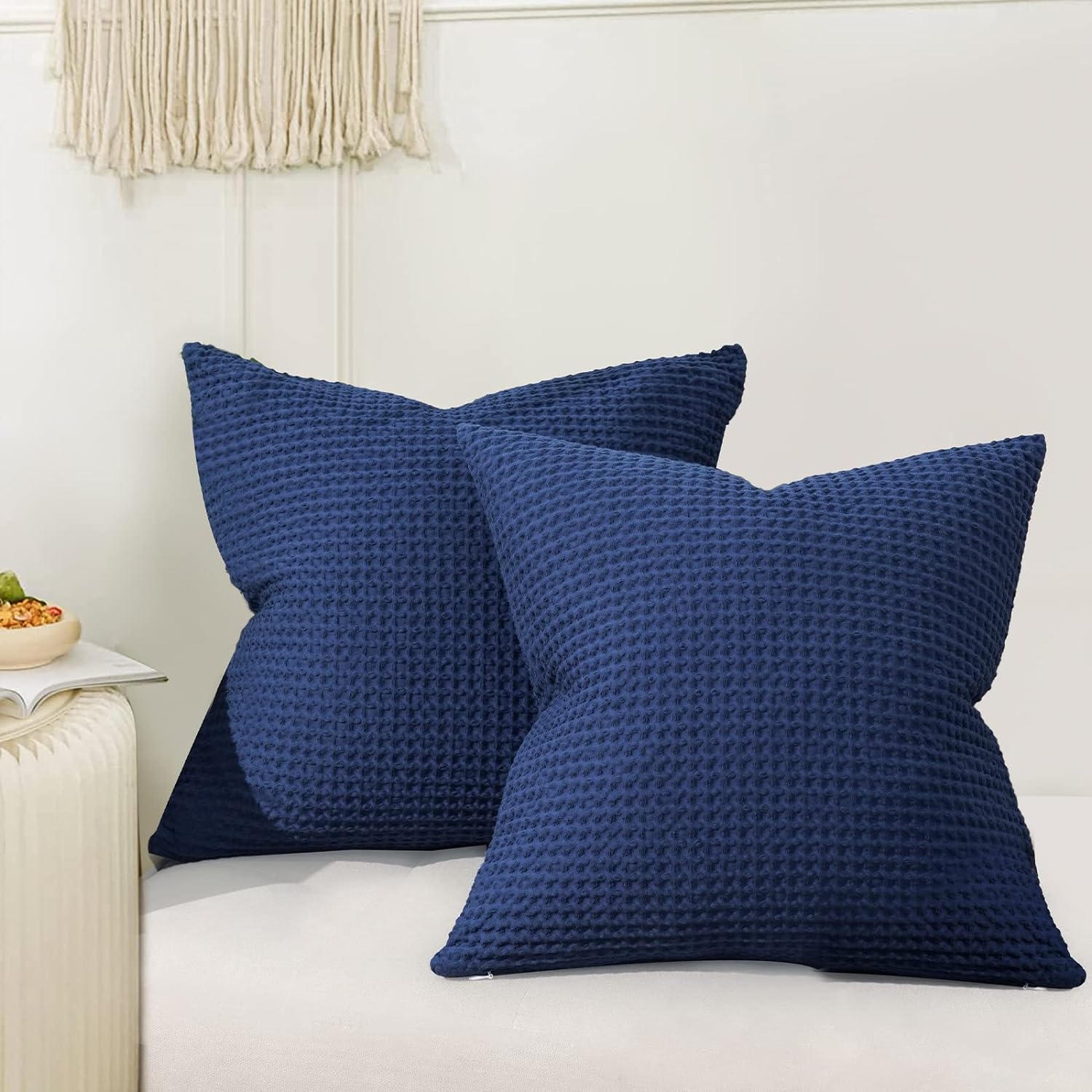 PHF 100% Cotton Waffle Weave Euro Shams 26 x 26, No Insert, 2 Pack Elegant Home Decorative Euro Throw Pillow Covers for Bed Couch Sofa, Navy Blue