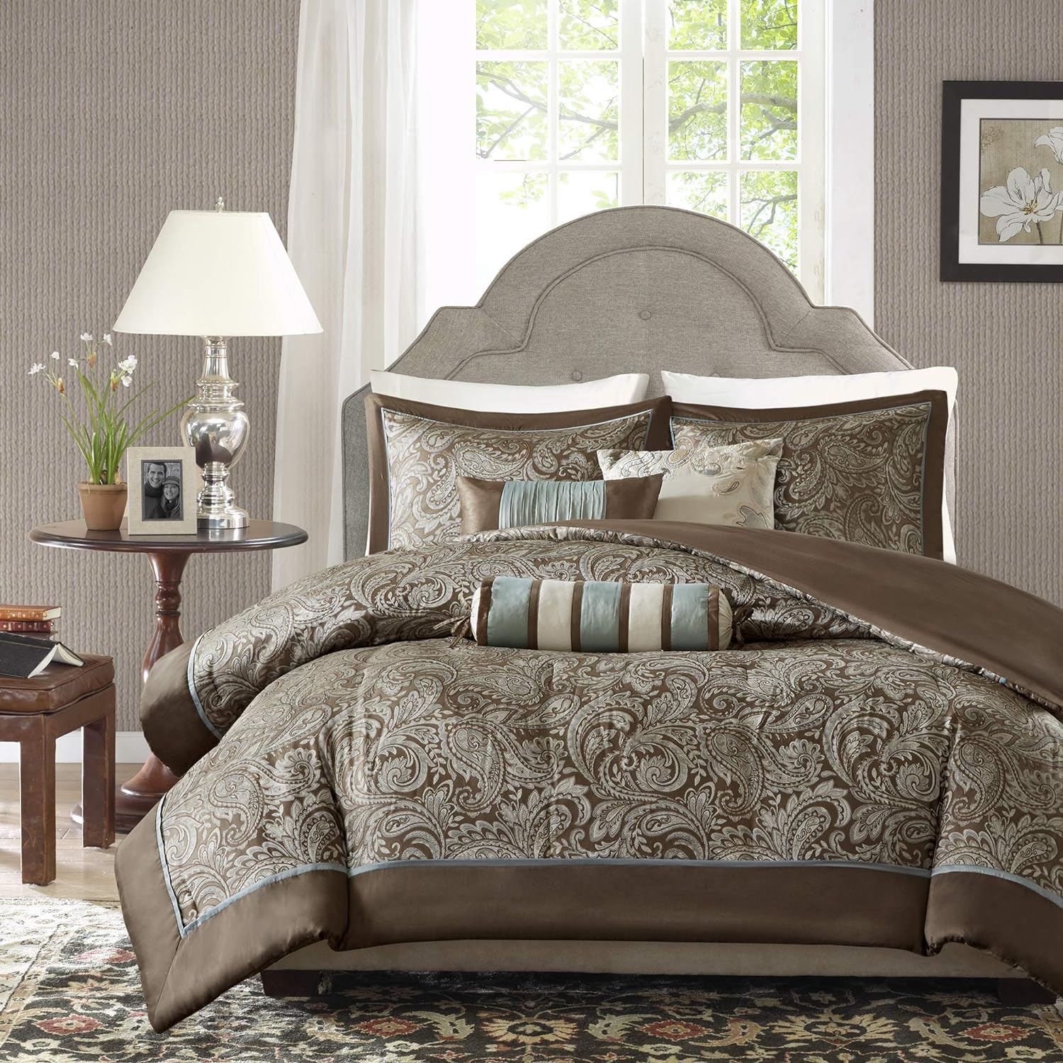 Madison Park Aubrey Duvet Cover, Paisley Jacquard Duvet Cover Set, Ultra Soft Microfiber Light Weight Bed Comforter Covers, King/Cal King(104x92), Taupe 6 Piece