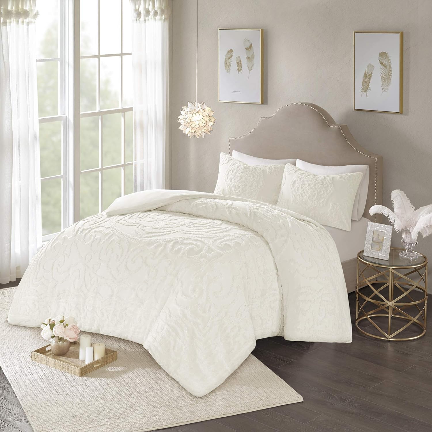 Madison Park Laetitia 100% Cotton Duvet Set-Chenille Tufted Medallion Design All Season Cozy Bedding Shabby Chic Comforter Cover, Matching Shams, Full/Queen (90 in x 90 in), Floral Off White