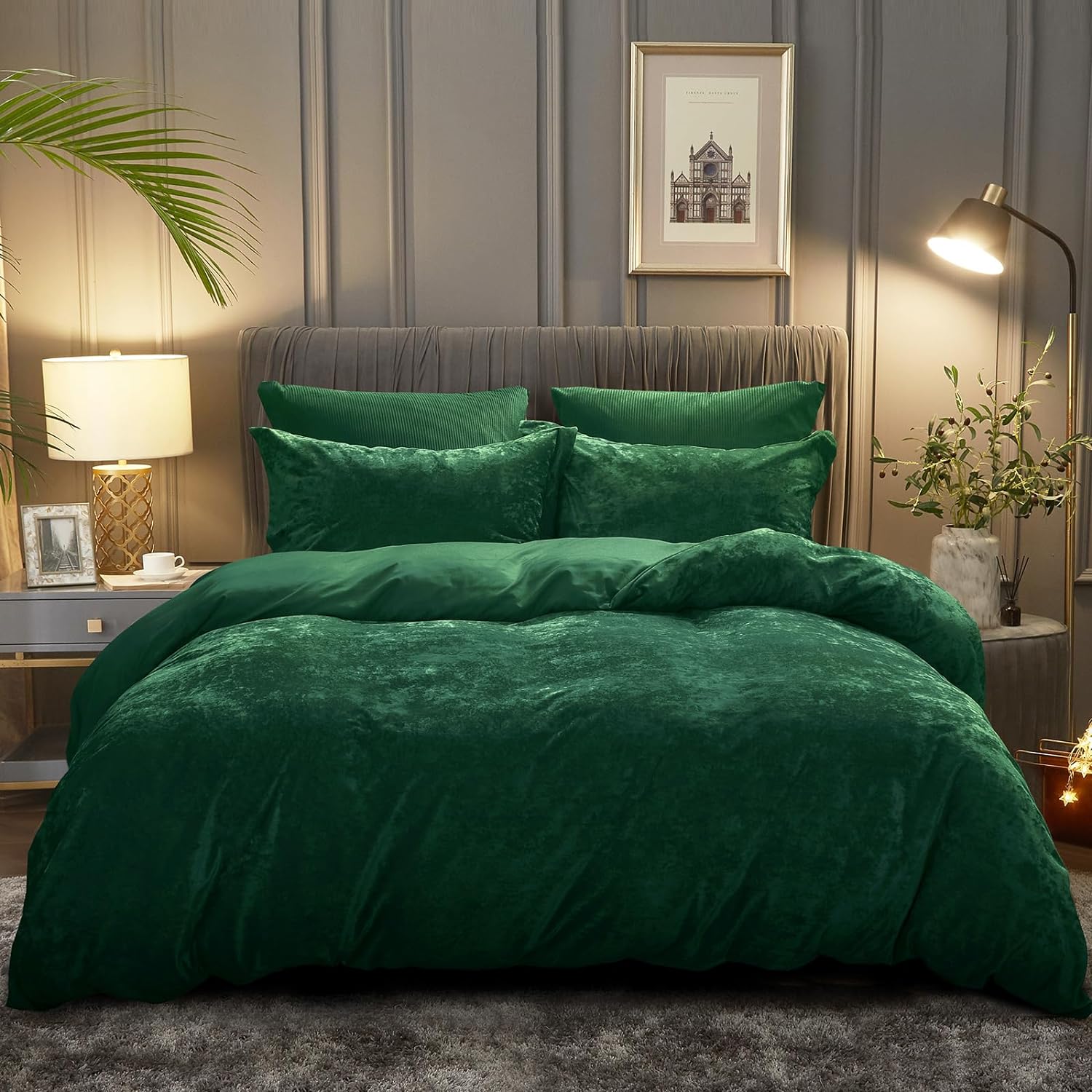 PHF Truly Velvet Duvet Cover Set King Size, 3pcs Ultra Soft Breathable Comforter Cover Set, Luxury Cozy Flannel Duvet Cover with Pillow Shams Bedding Collection, 104 x 90, Emerald Green